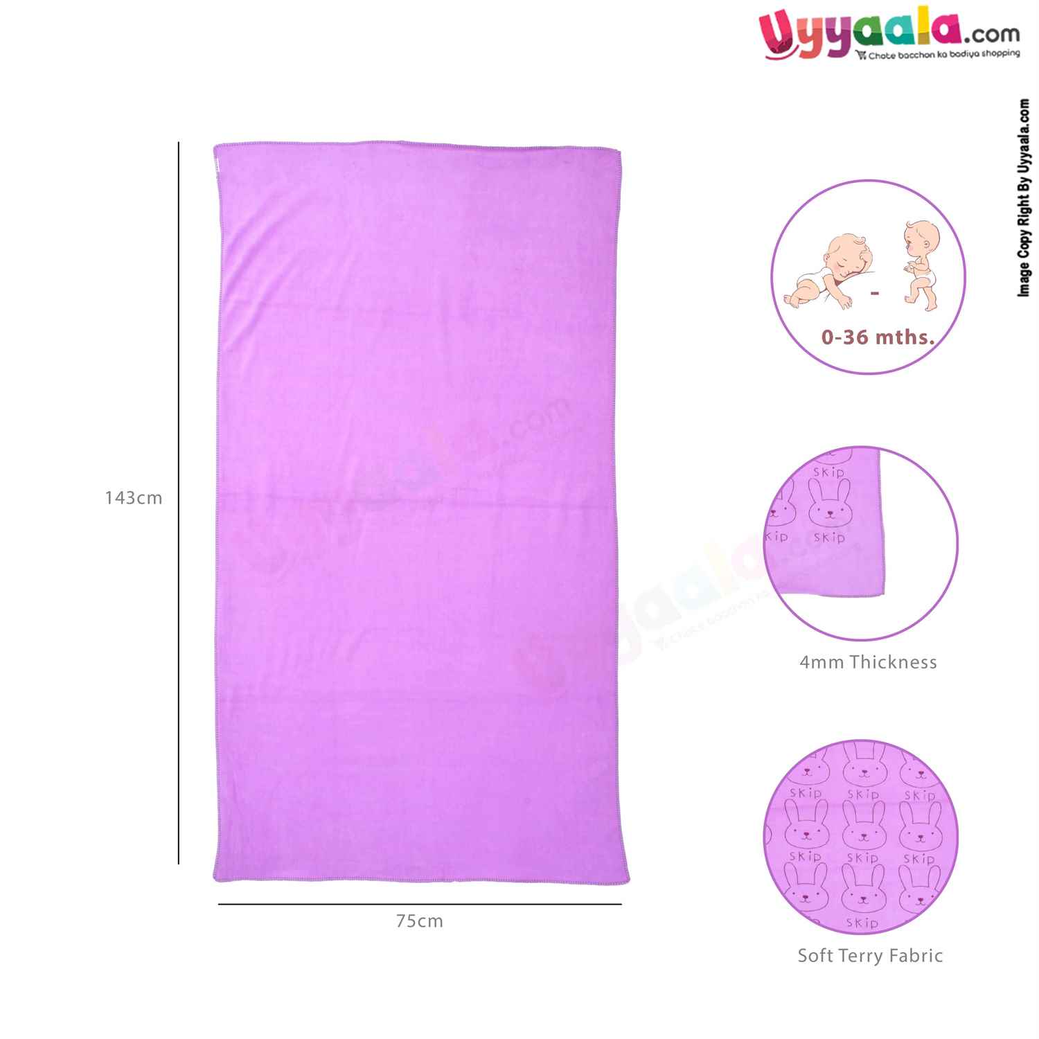 Soft Terry Bath Towel Premium with Rabbit Print for Babies 0-36m Age, Size (143*75cm)- Purple