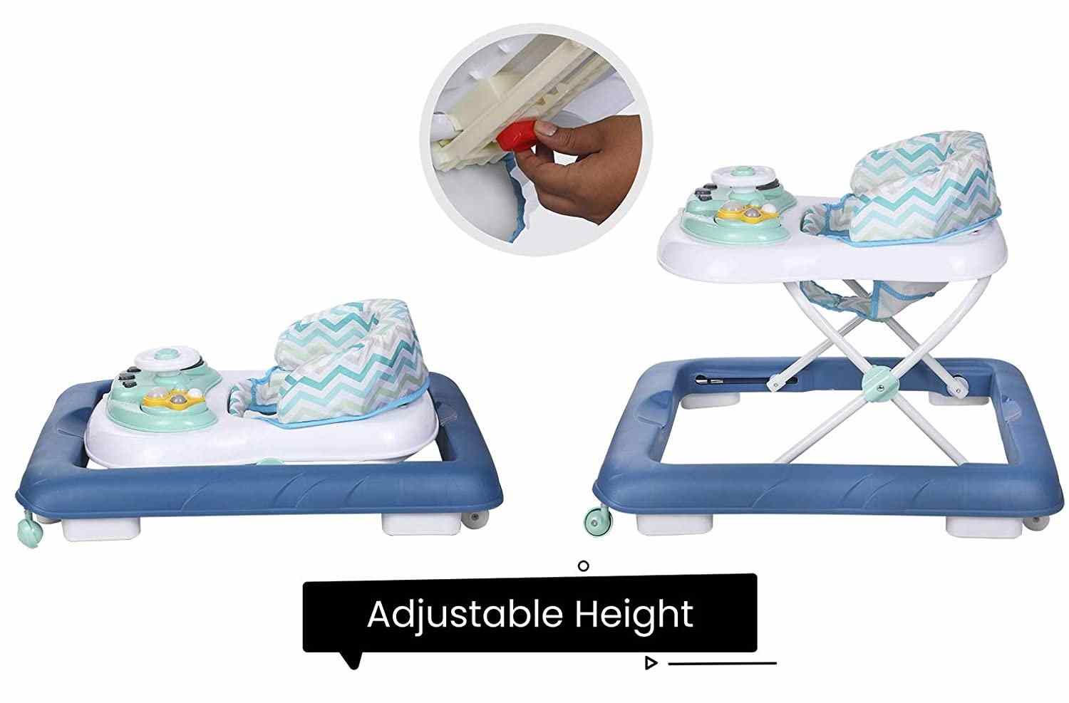 R FOR RABBIT Step Up Anti Fall Baby Walker with Adjustable Height and Musical Toy Bar for Kids, Blue