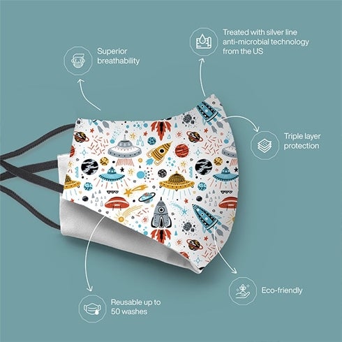 JUSKI Reusable & Eco Friendly Cotton Face Masks with Triple Layer Protection for Kids - 2pcs (Assorted Prints) - Pack Of 2