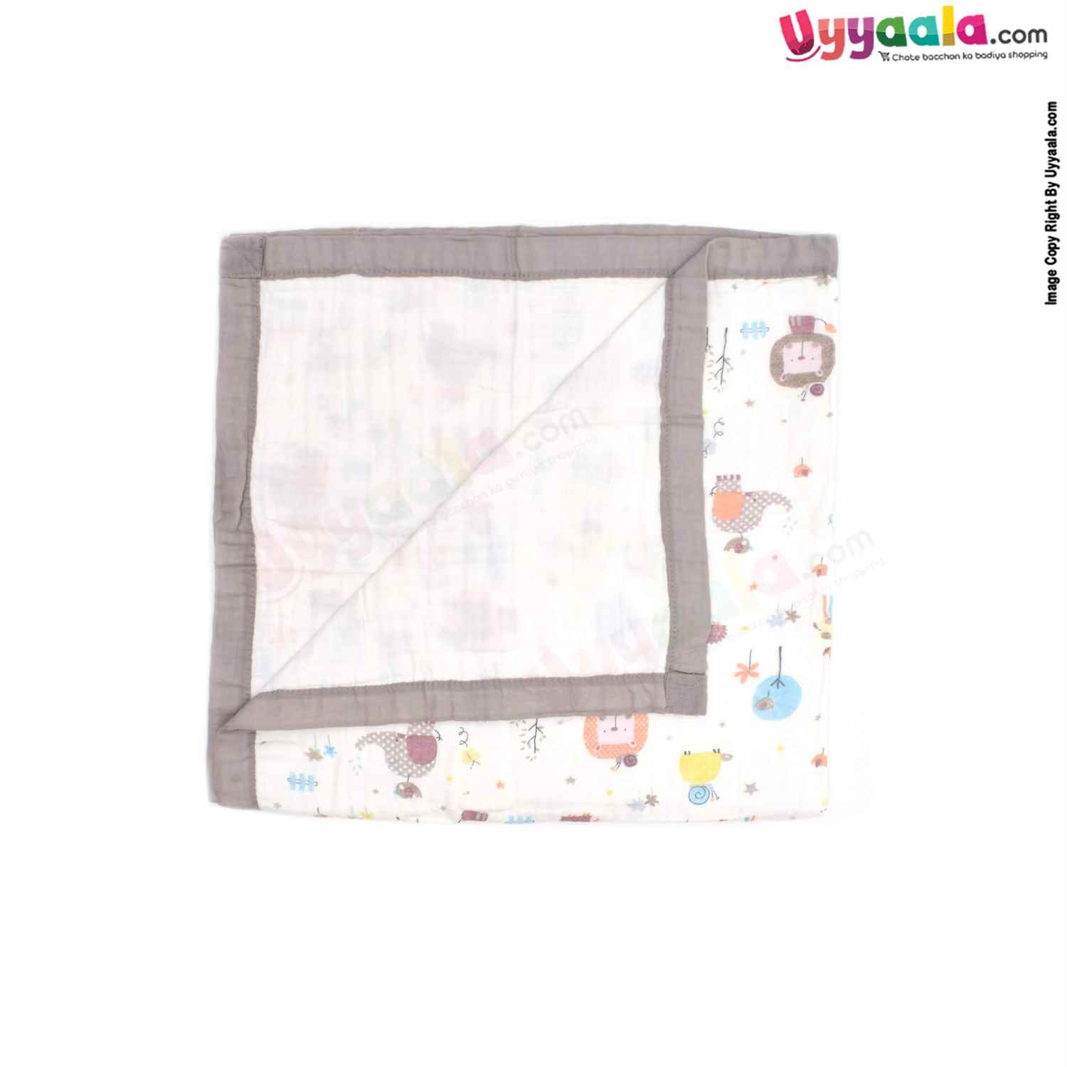 Four Layered Muslin Wrapper with Border , Giraffe & Snail Print 0+m Age, Size(116*103cm)-White