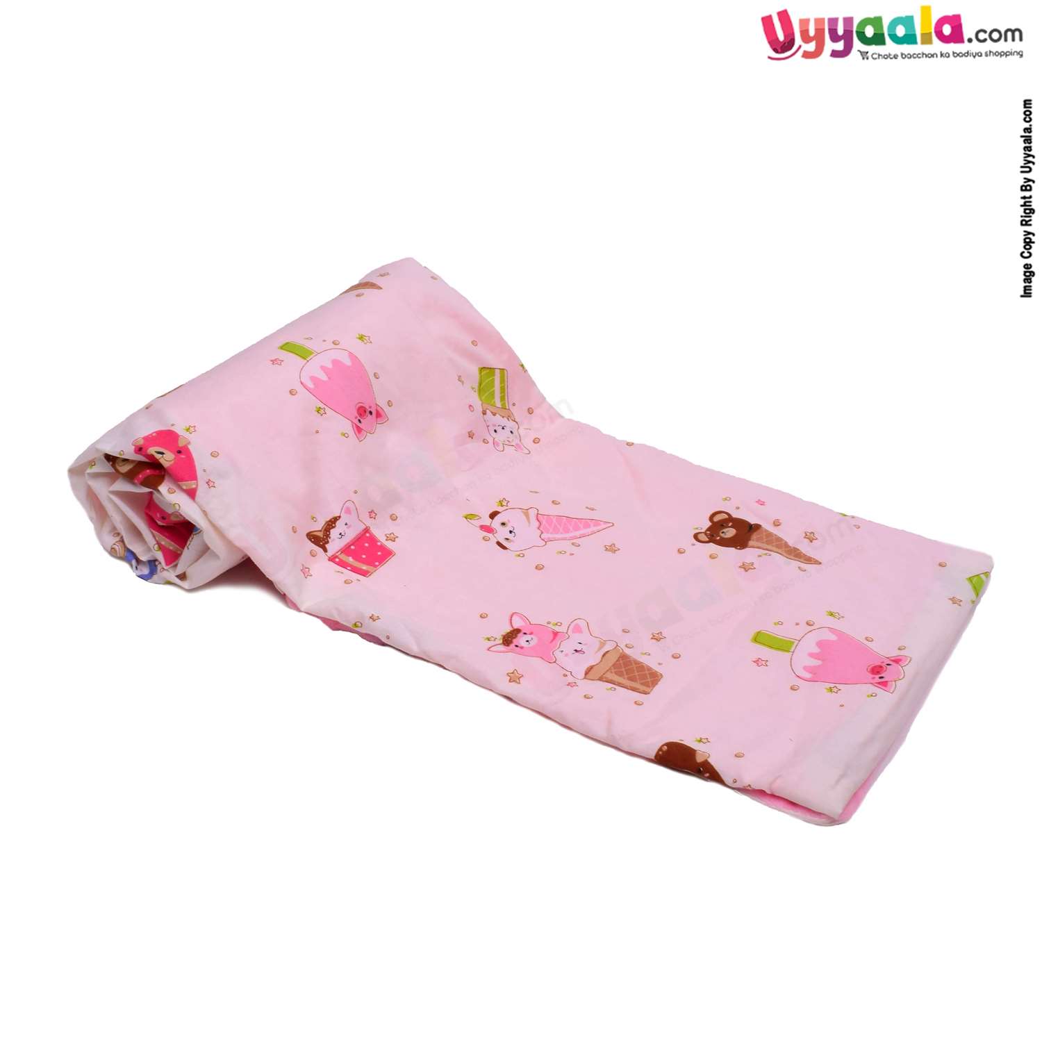 Double Layered Blanket One Side Fur & Another Side Cotton with Ice Creams Print for Babies 0-24m Age, Size (106*75cm) -Light Pink