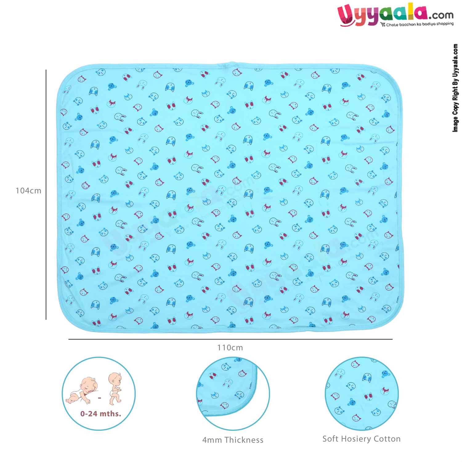 Hosiery Cotton Hooded Towel for Babies with Animal Print 0-12m Age, Size (86*72cm)- Blue