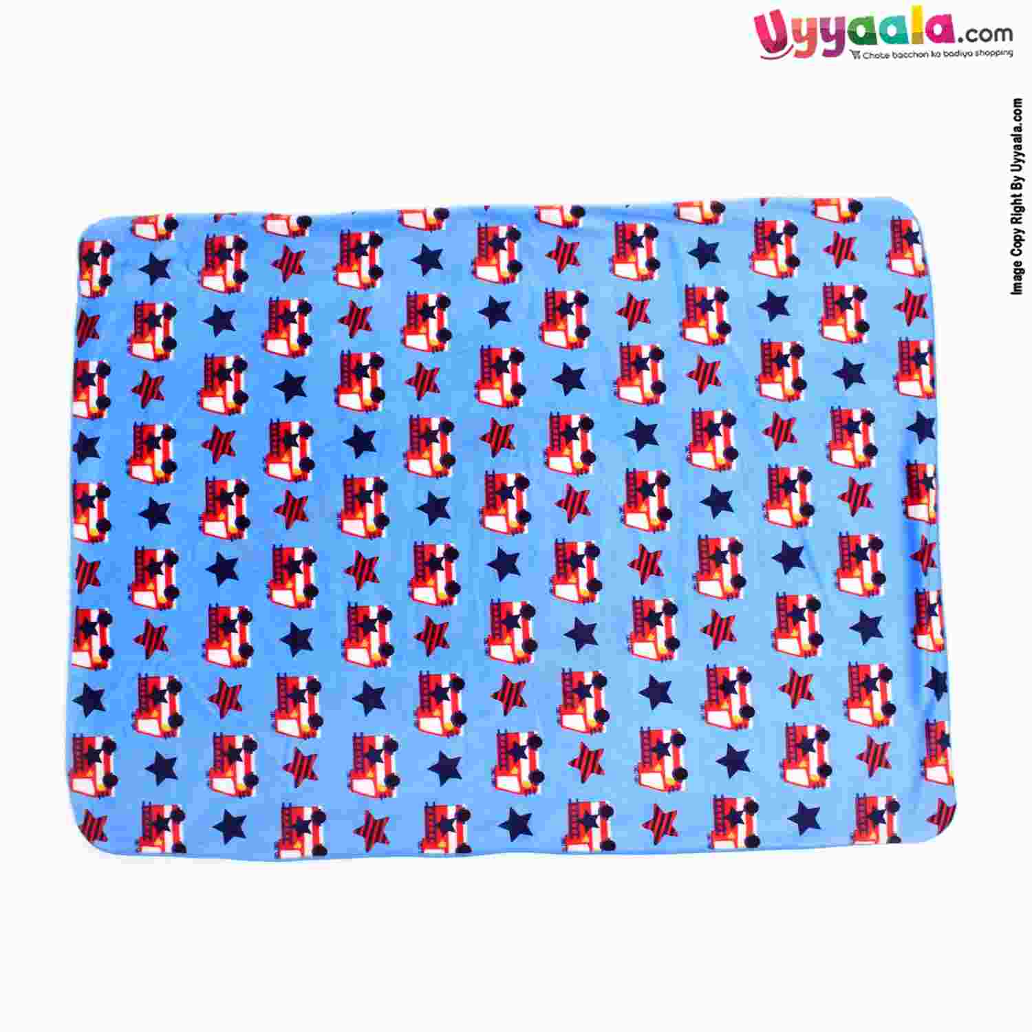 Double Layered Blanket One Side Fur & Other Side Velvet with Fire Engine Print, 0-24m Age, Size (101*76cm) - Blue