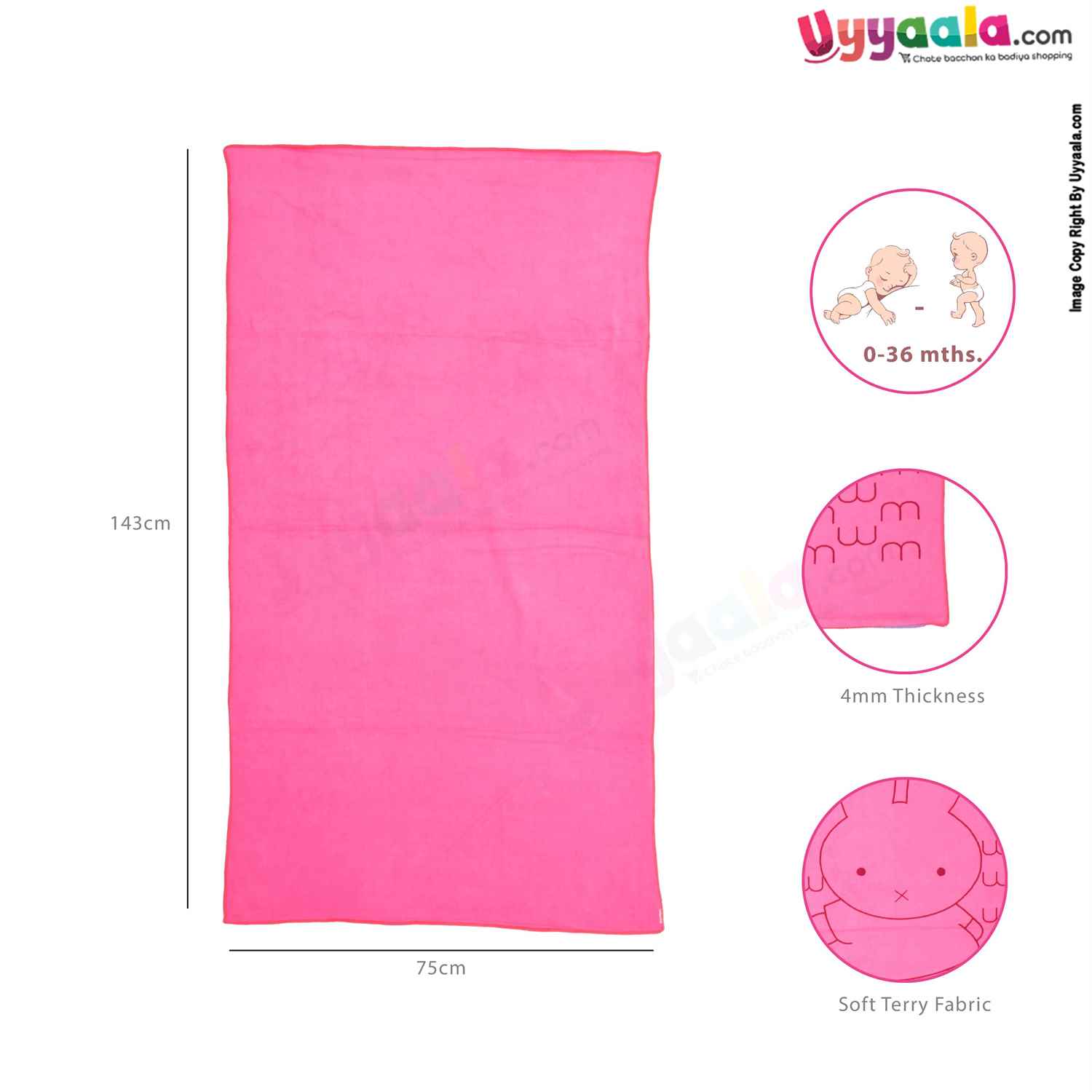 Soft Terry Bath Towel Premium with Rabbit Print for Babies 0-36m Age, Size (143*75cm)- Pink