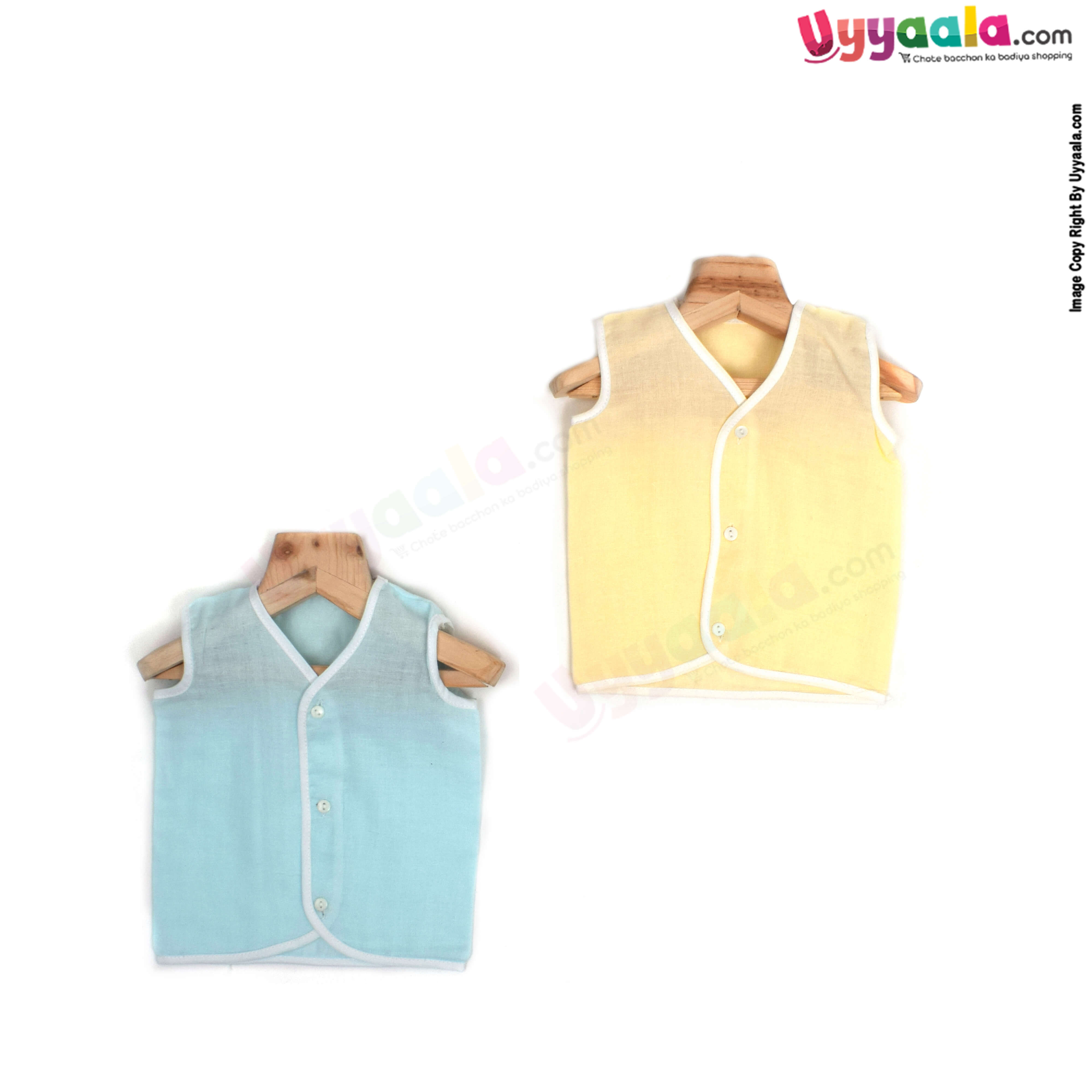 POLAR CUBS Sleeveless Baby Jabla Set, Front Opening Button Model, Premium Quality Muslin Cotton Baby Wear, 2 Pack - Yellow & Blue