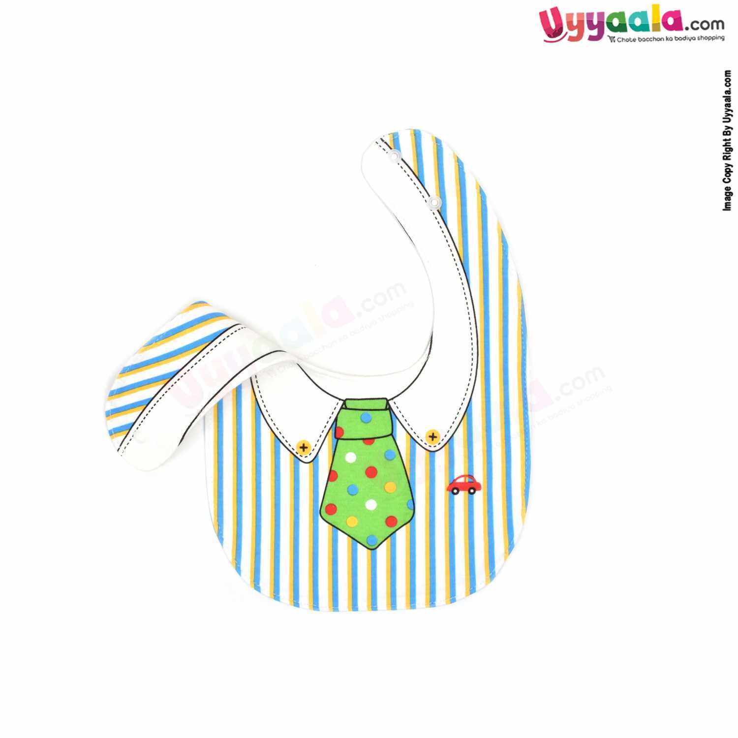 Baby Bib Soft Hosiery Cotton 2 in 1 Usable with Stripes & Tie Print for New Born, Size (29.5*20cm) Green & white
