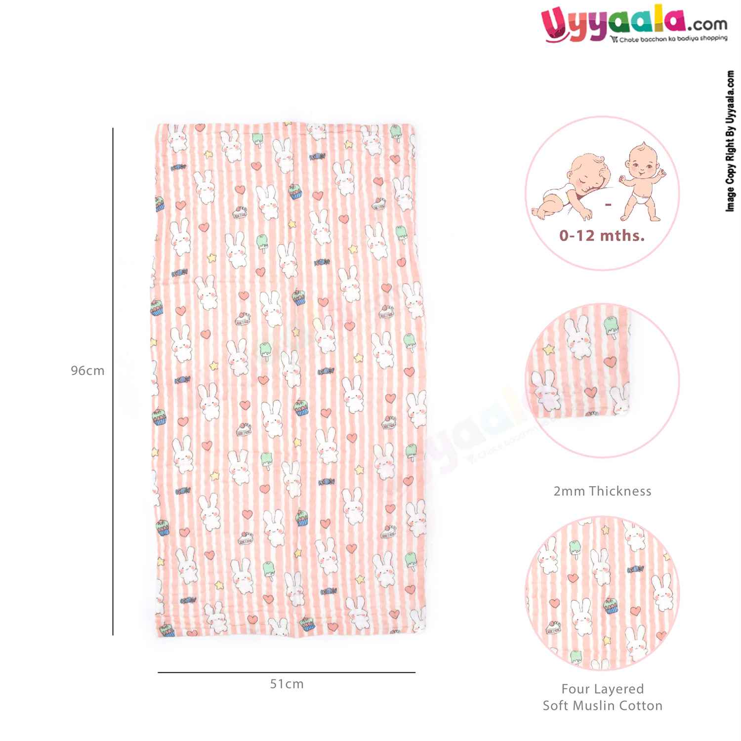 Four Layered Muslin Cotton Towel with Rabbit Print for babies 0+m Age, Size(95*51Cm)-Peach