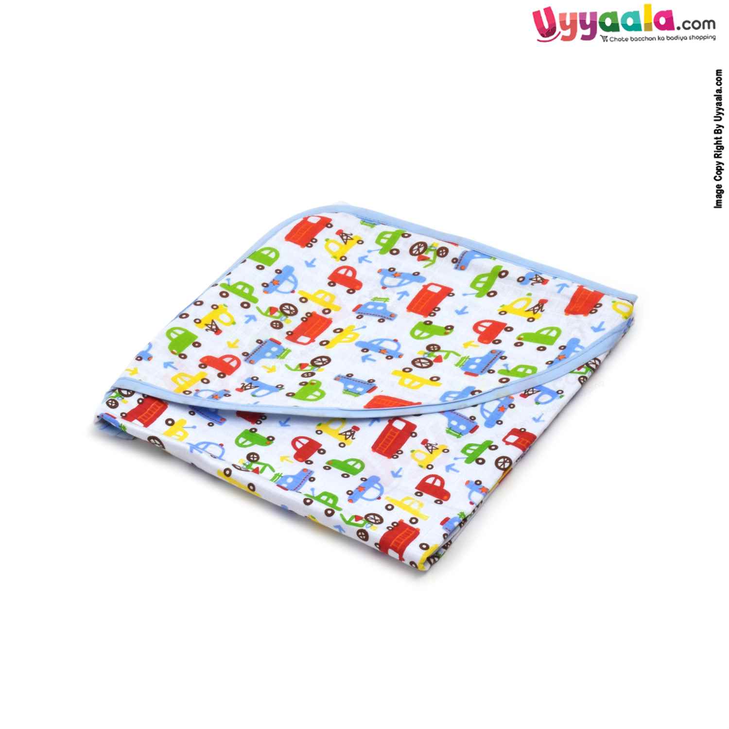 Double Layered Muslin Hooded Wrapper with Cars Print for Babies 0+m Age, Size (79*79cm)-White