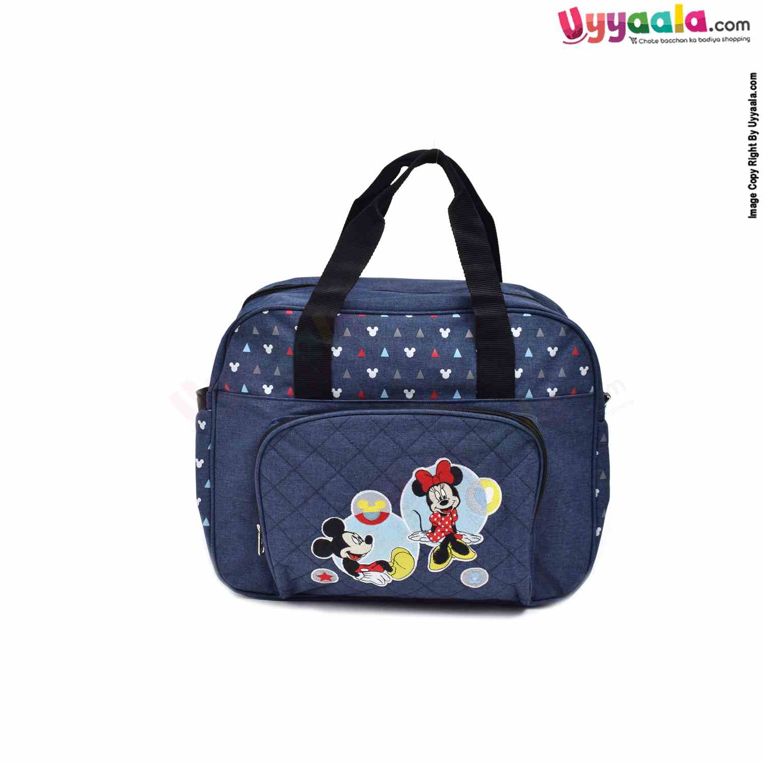 Premium Quality Multipurpose Mother Bag(Diaper Bag) with side Bottle Holder & Changing Mat, Mickey & Minnie Mouse Embroidery, Size(41*34cm) - Navy Blue
