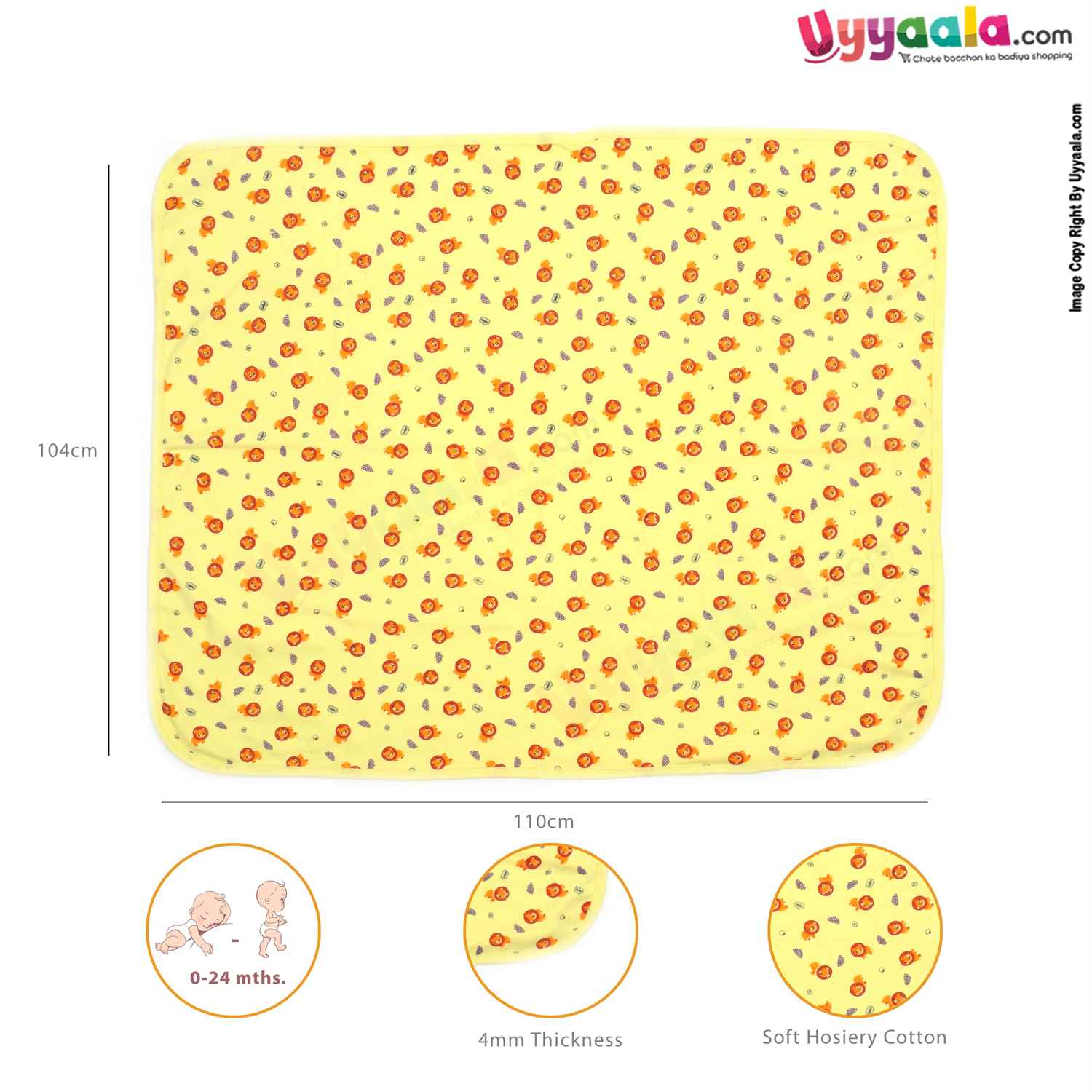Hosiery Cotton Hooded Towel for Babies with Lion Print 0-12m Age, Size (86*72cm)- Yellow