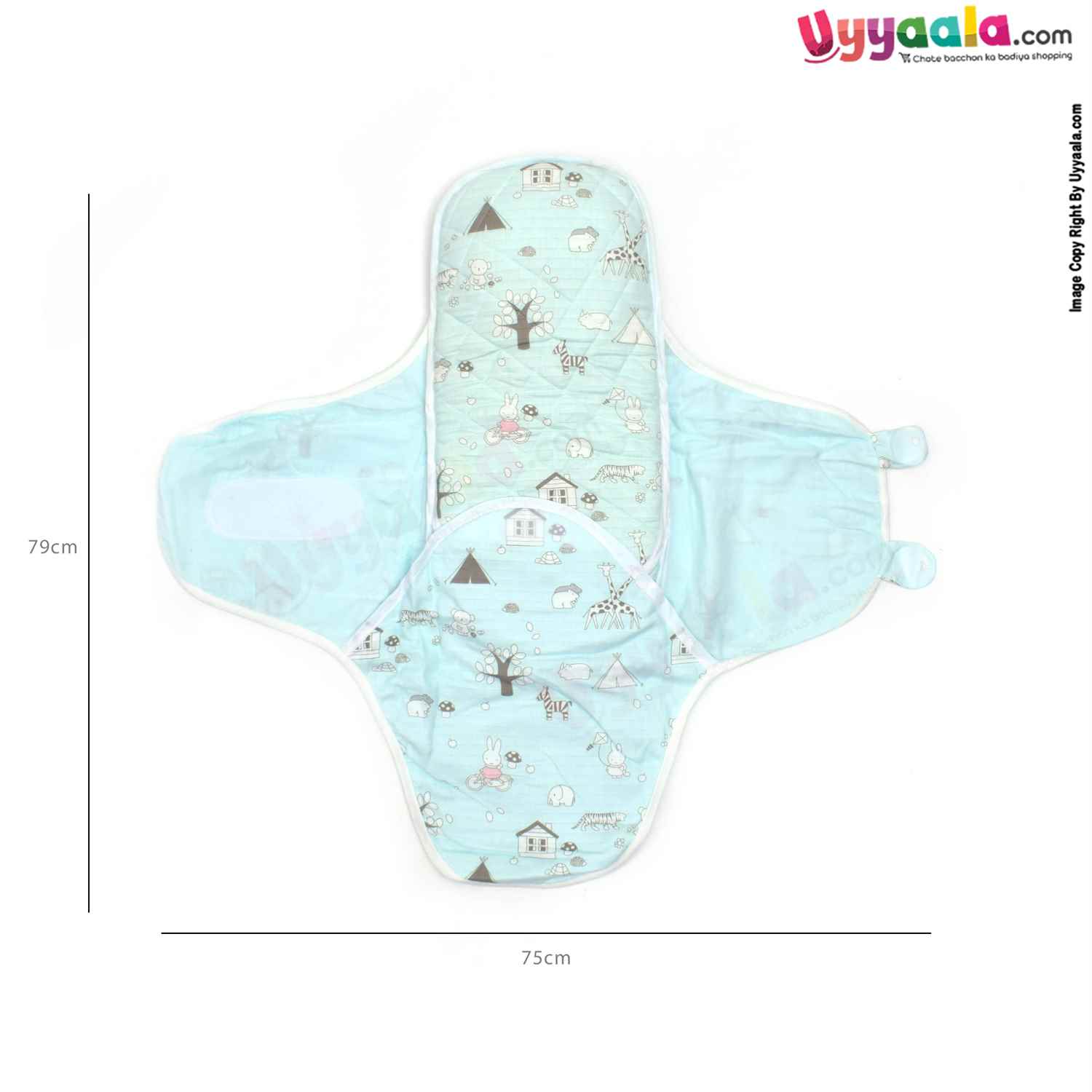 Muslin Cotton Baby Swaddle Wrapper with Neck Support and Animal Prints, 0-17m, Size (79*73cm) - Light Green