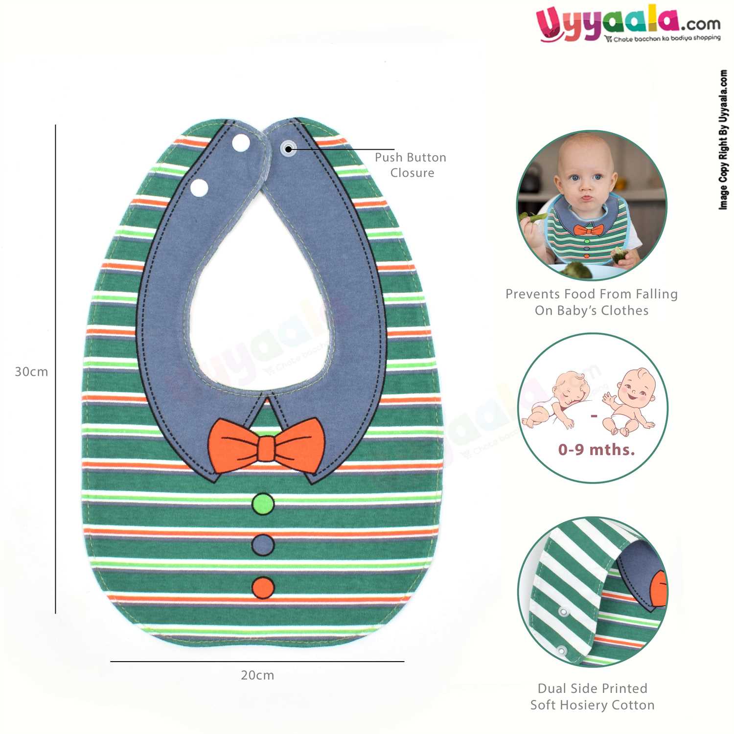 Baby Bib Soft Hosiery Cotton 2 in 1 Usable with Bow & Stripes Print for Newborn, Size (29.5*20cm)- Green & White