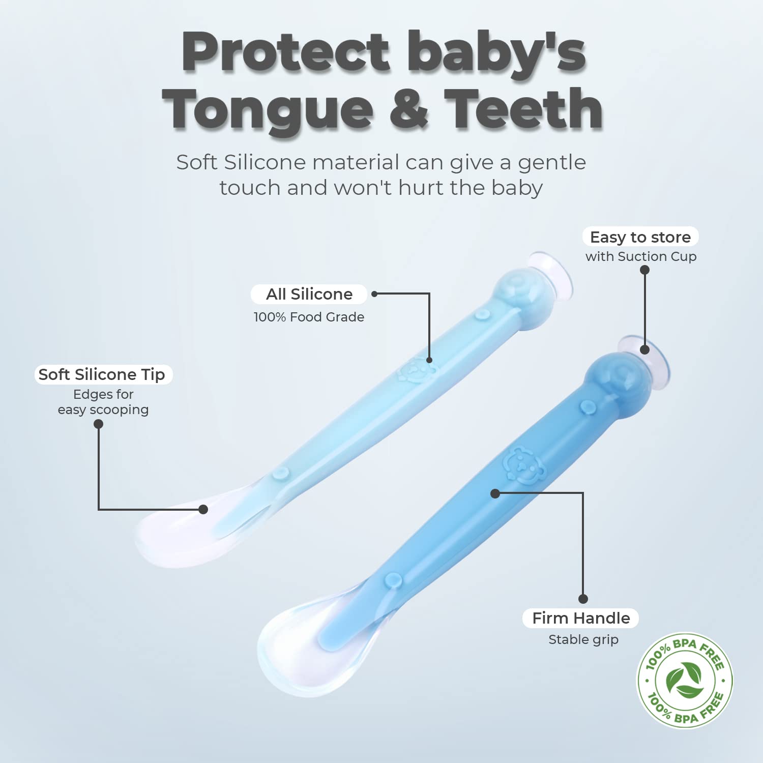 R FOR RABBIT Safe Feed Silicon Spoon For Babies, 2pcs - Lake Blue & Blue 6m+