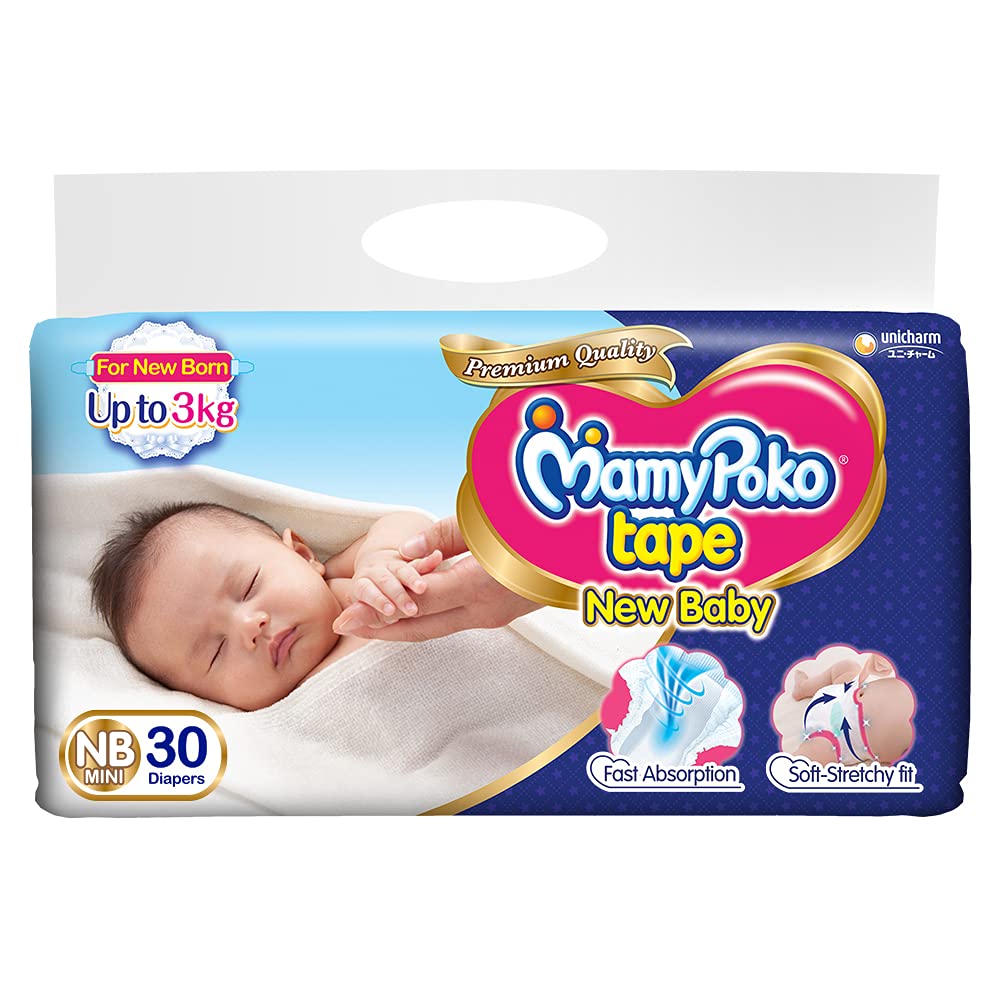MAMYPOKO Tape Type NB Mini Diapers For Just Born Babies, Up to 3kg - (30 Pcs)