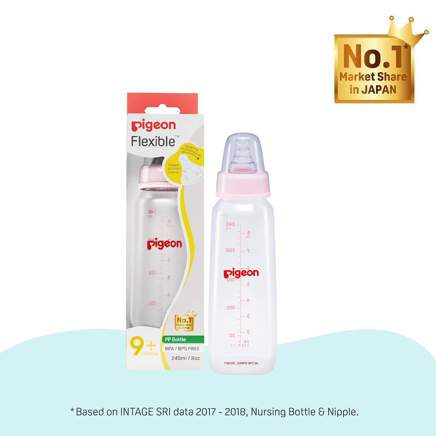 PIGEON Feeding Bottle Narrow Neck Square Base Flexible 9+m Age - 240ml, Pink