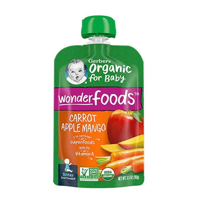 Gerber Organic Fruit Squash for Baby Carrot, Apple & Mango Flavour, Supported Sitter - 99g
