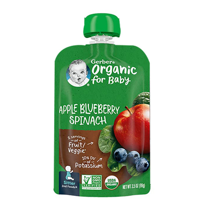 Gerber Organic Fruit Squash for Baby Apple, Blueberry & Spinach Flavour, Supported Sitter - 99g