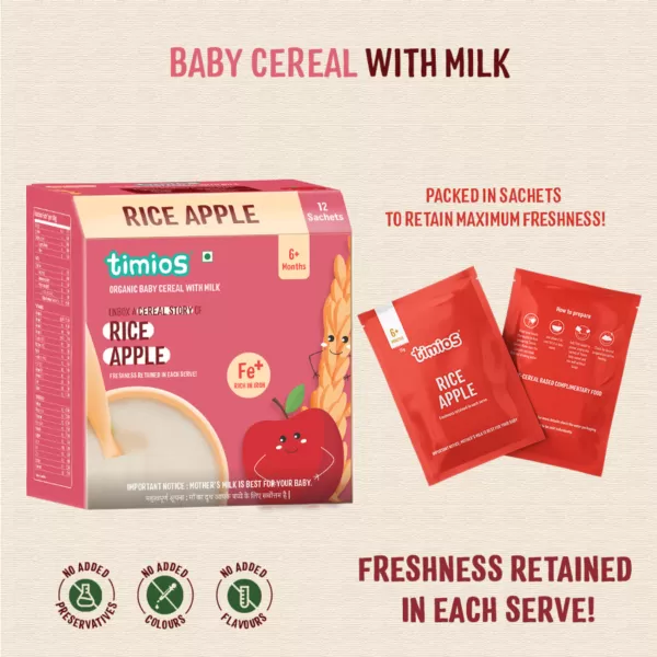 TIMIOS Organic Rice Apple Baby Cereal - 6-12months