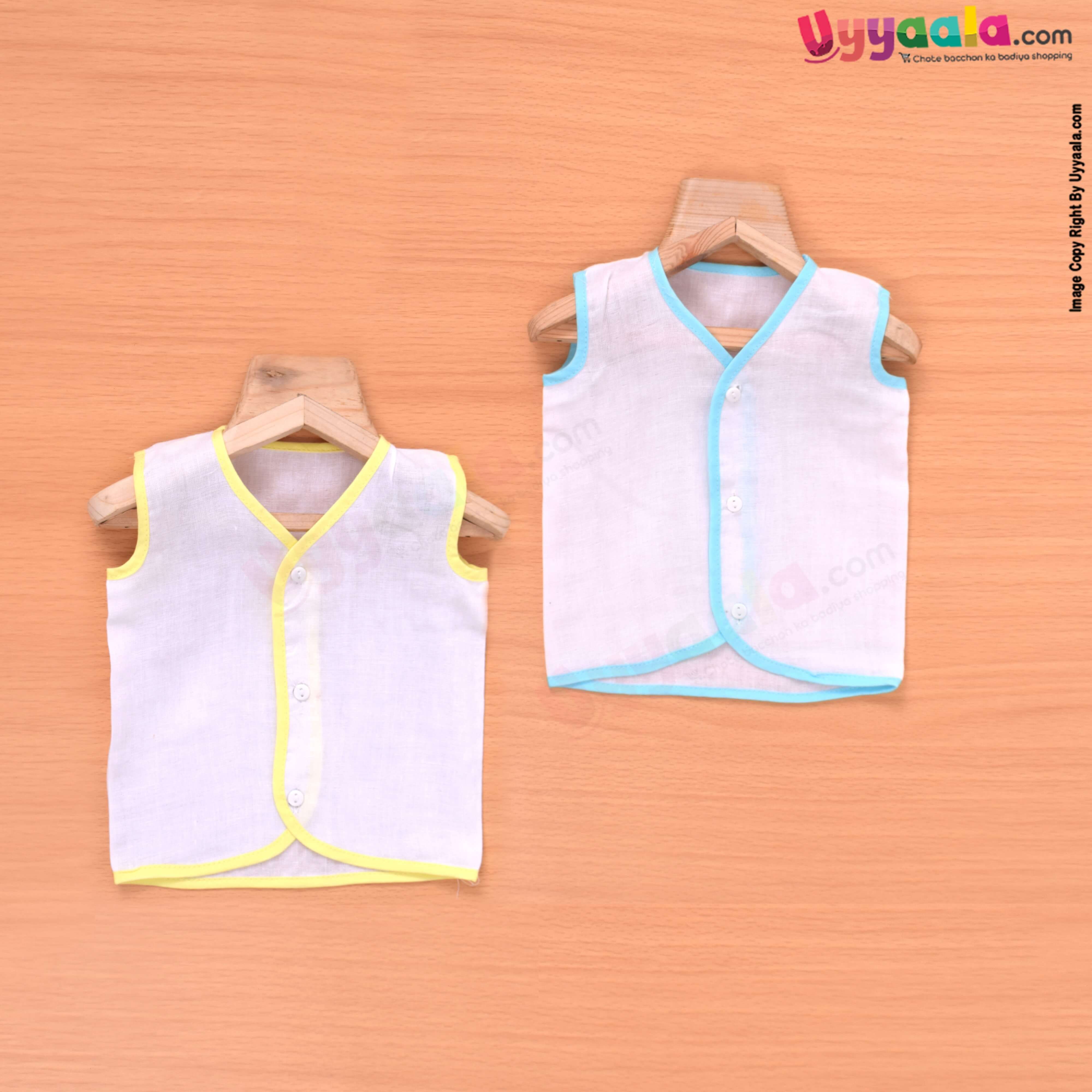 POLAR CUBS Sleeveless Baby Jabla Set, Front Opening Button Model, Premium Quality Muslin Cotton Baby Wear, 2 Pack - White with Yellow & Blue Borders