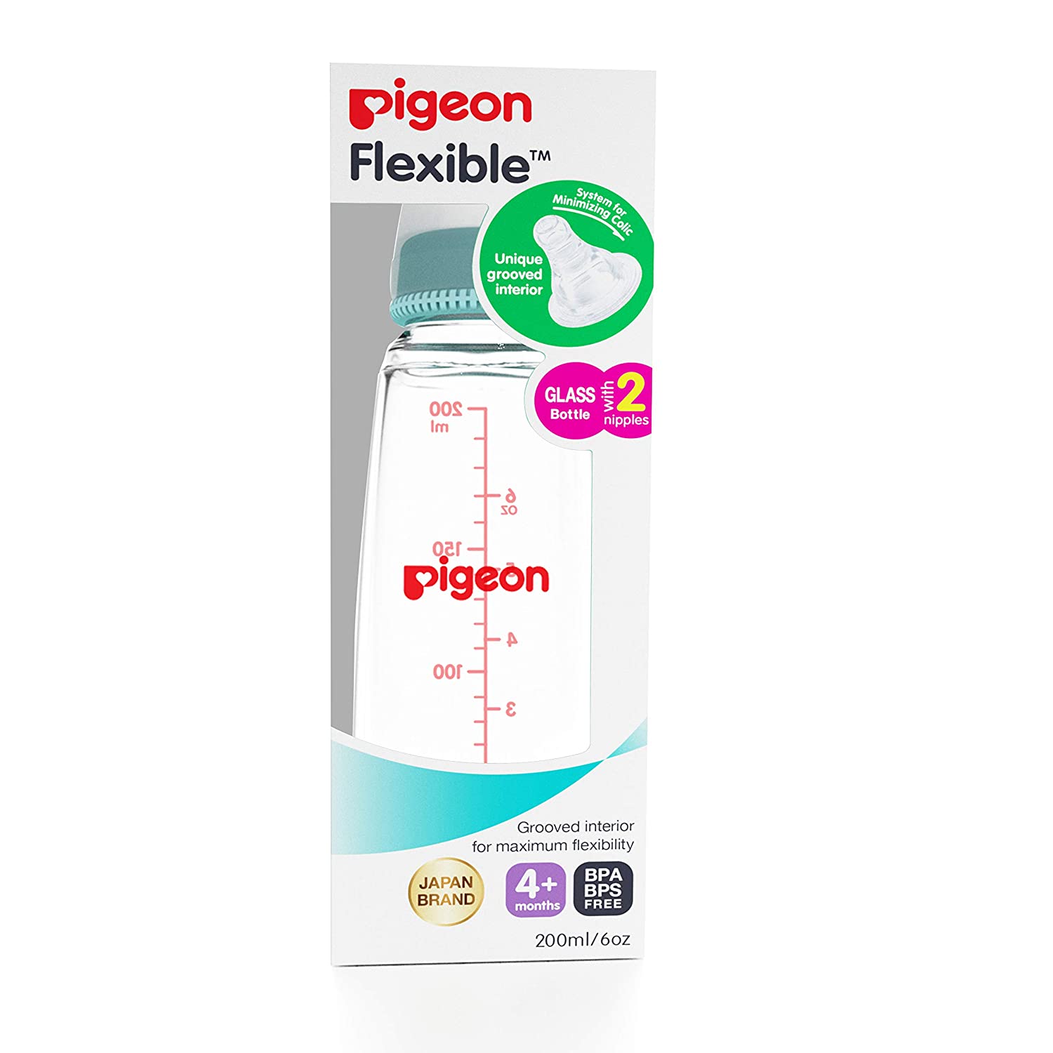 PIGEON Flexible baby glass feeding bottles,with 2 nipples - 200ml