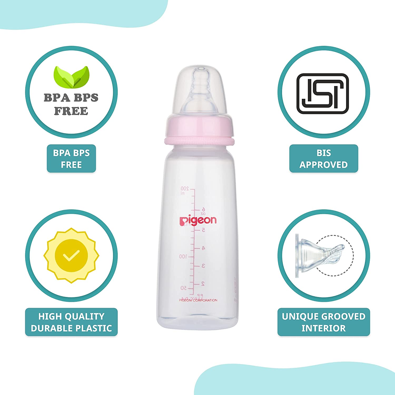 PIGEON Feeding Bottle Narrow Neck Square Base Flexible 4+m Age - 200ml, Pink