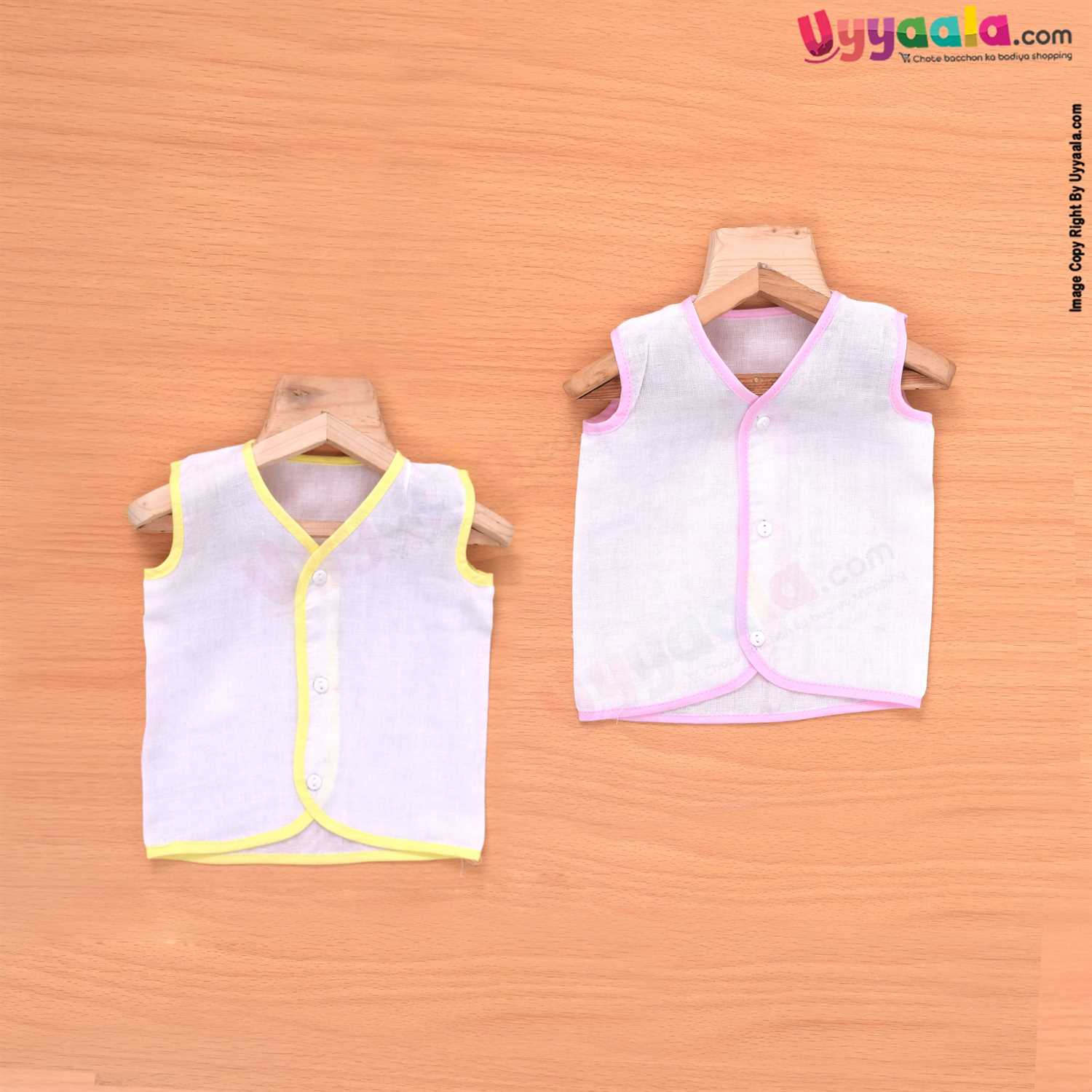 POLAR CUBS Sleeveless Baby Jabla Set, Front Opening Button Model, Premium Quality Muslin Cotton Baby Wear, 2 Pack - White with Yellow & Pink Borders