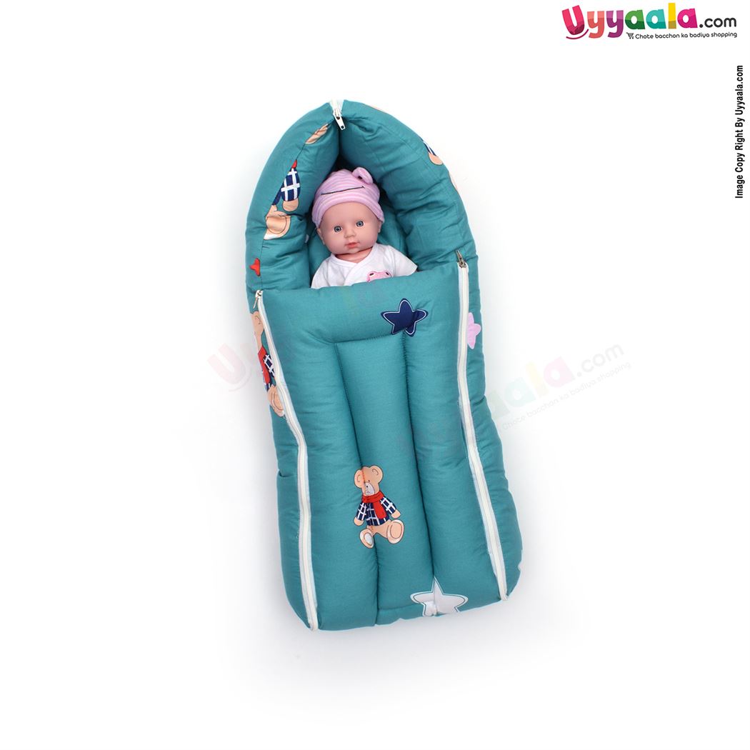 Baby Sleeping Bag Premium Cotton With Bear & Star Print, 0-12m Age - Green-uyyala-com.myshopify.com-Sleeping Bags-Happy Babies