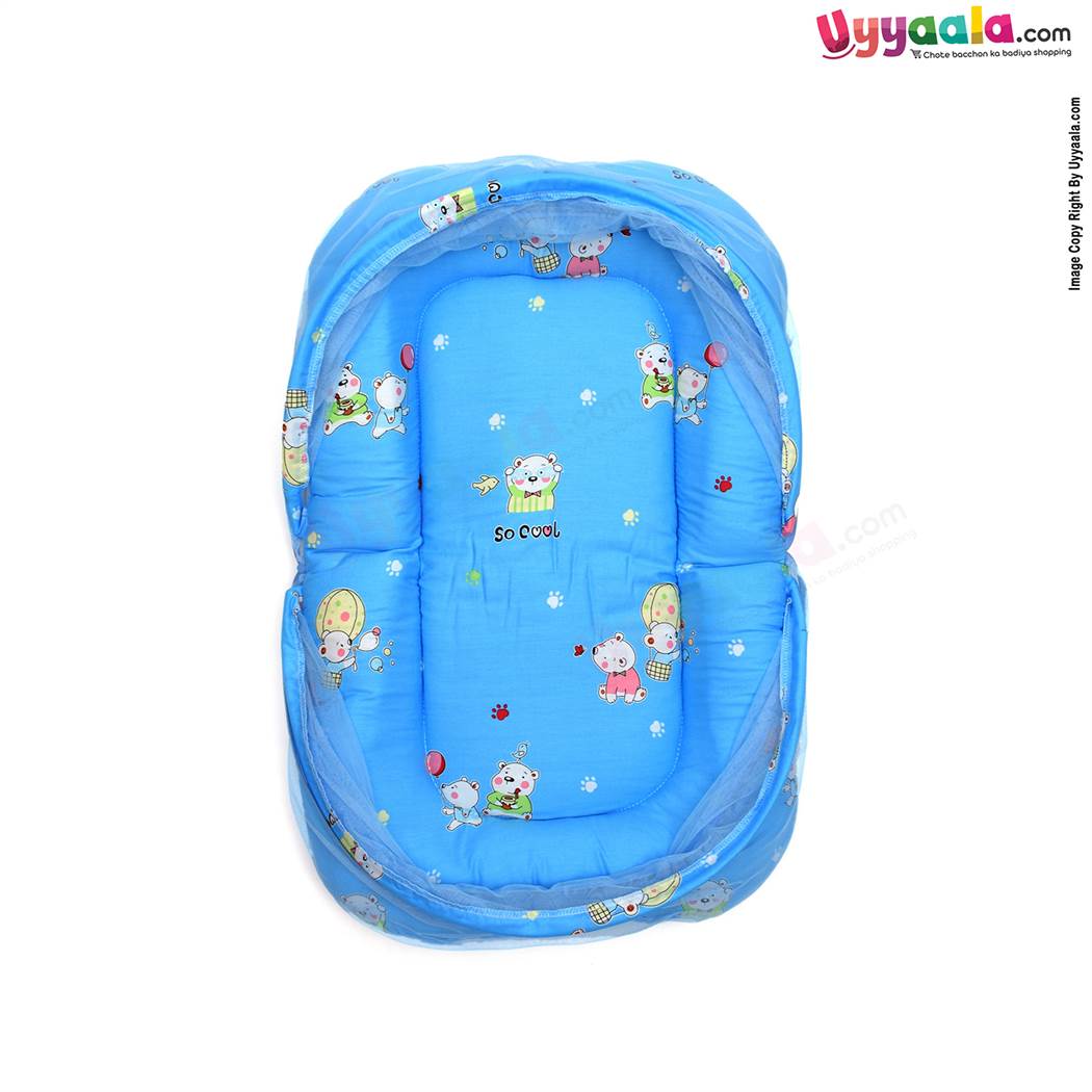 Baby Bedding Set with Mosquito Protection Net & Pillow Cotton, Bear print 0 to 12m Age, Blue-uyyala-com.myshopify.com-Bedding-Happy Babies