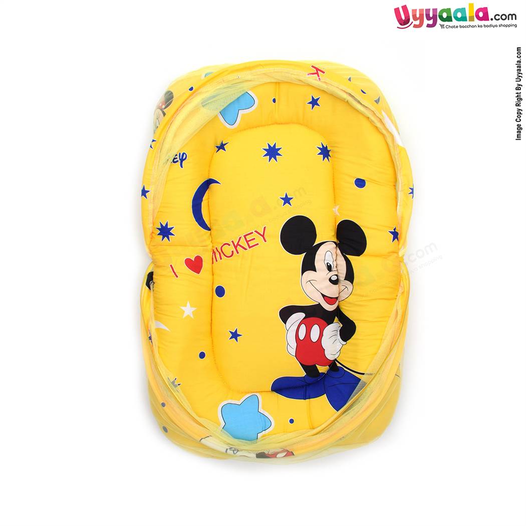 Baby Bedding Set with Mosquito Protection Net & Pillow Cotton, Mickey Mouse Print  0 to 12m age, Yellow-uyyala-com.myshopify.com-Bedding-Happy Babies