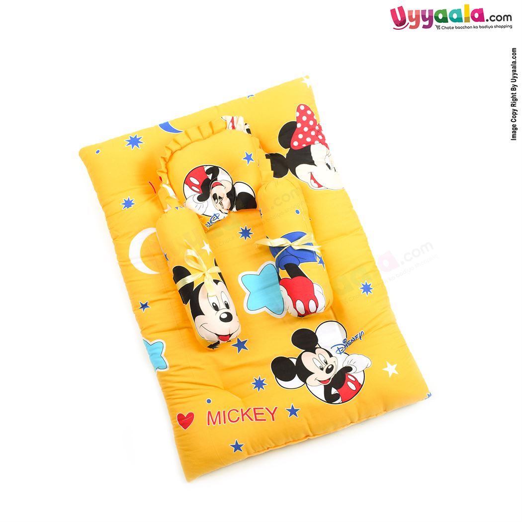 Baby Premium Cotton Bedding Set of 4 with Bolster and Pillow, Micky Mouse Print 0-6m Age - Yellow-uyyala-com.myshopify.com-Bedding-Happy Babies
