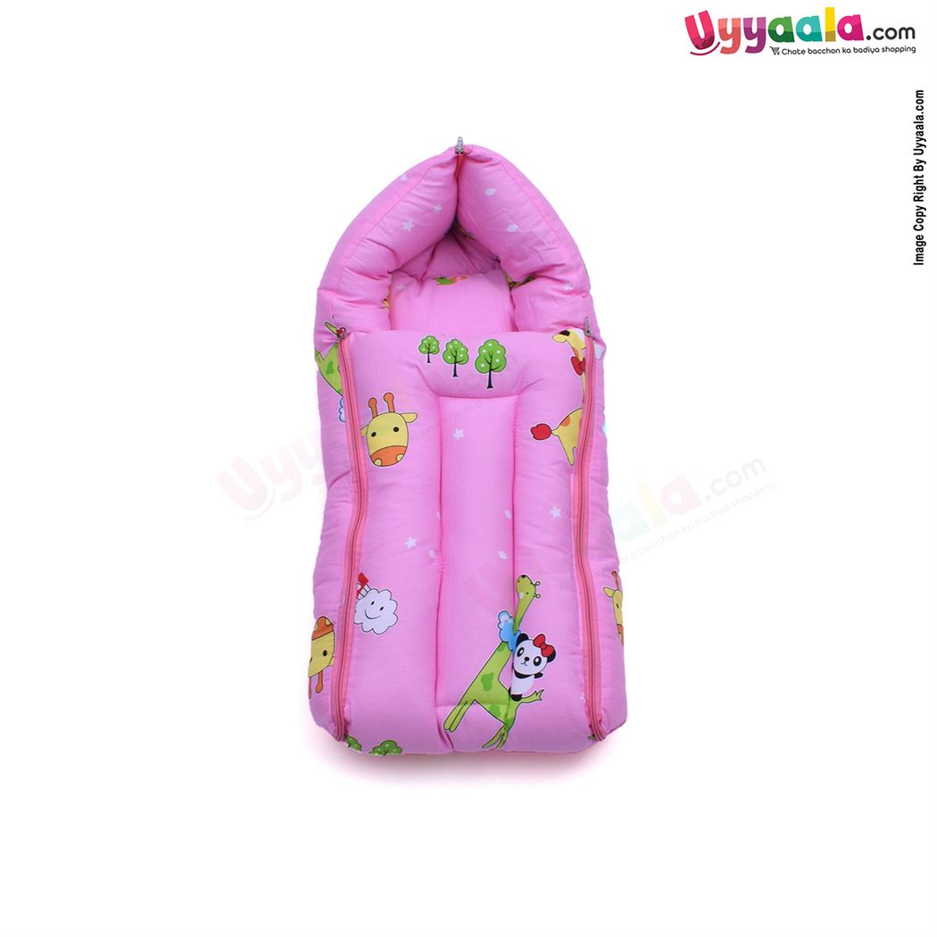 Sleeping Bag(Carry Nest) Premium Cotton Panda & Giraffe Print 0-3m Age, Pink-uyyala-com.myshopify.com-Sleeping Bags-Happy Babies