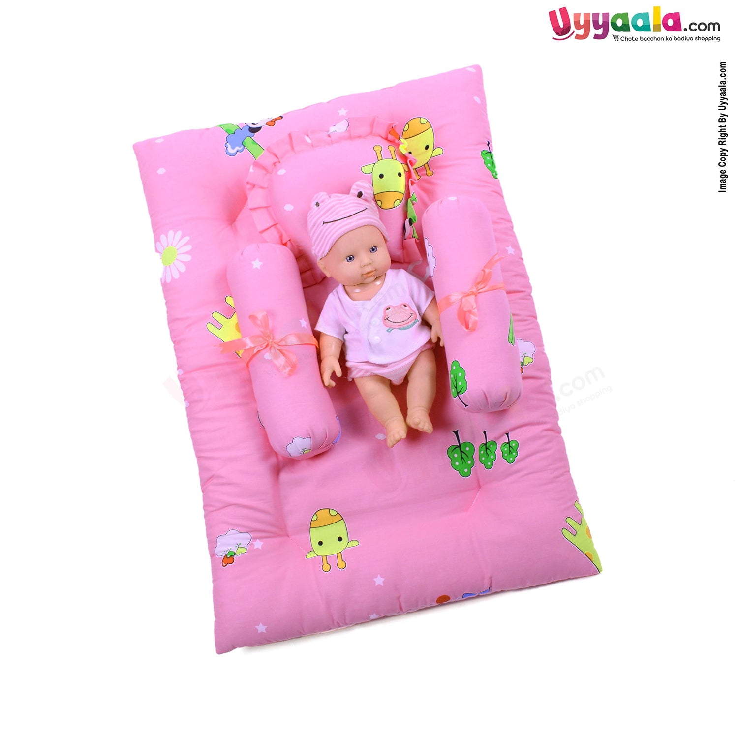 Baby Cotton Bedding Set of 4 with Bolster and Pillow, Giraffe Print 0 to 6m Age - Pink-uyyala-com.myshopify.com-Bedding-Happy Babies