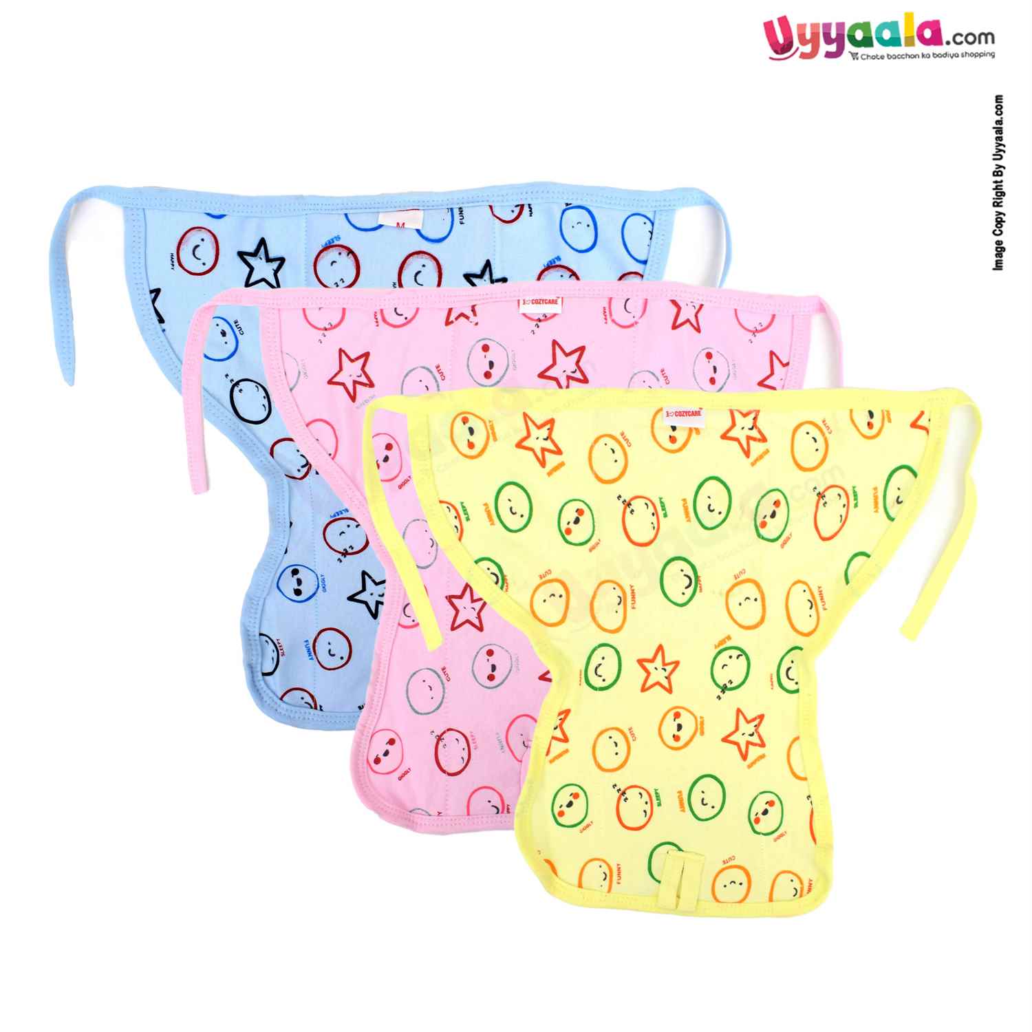 COZYCARE Washable Diapers Hosiery, Tying Mode Emoji Print Blue, Pink & Yellow- 3P Set (M)