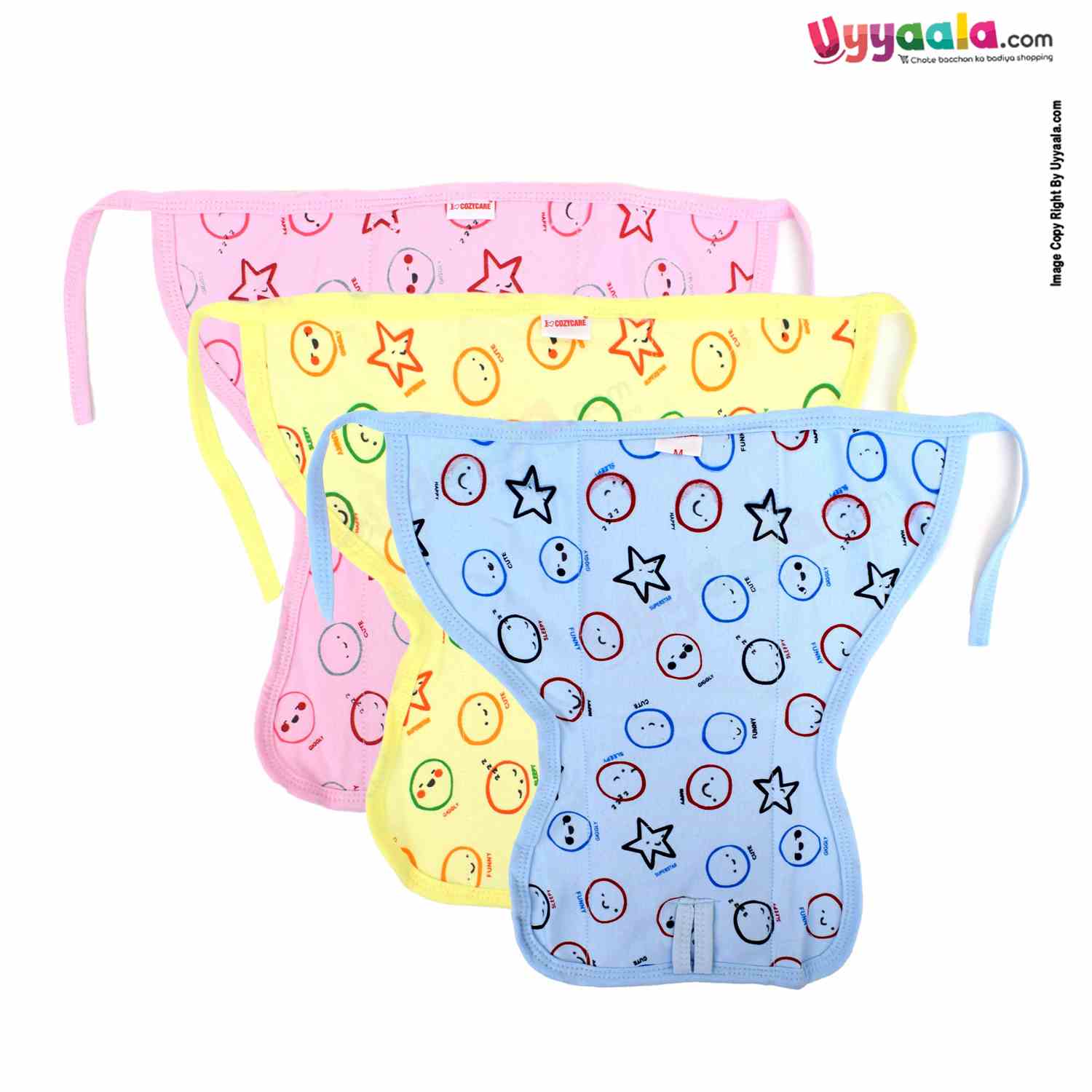 COZYCARE Washable Diapers Hosiery, Tying Model Emoji Print Pink, Yellow & Blue- 3P Set (S)