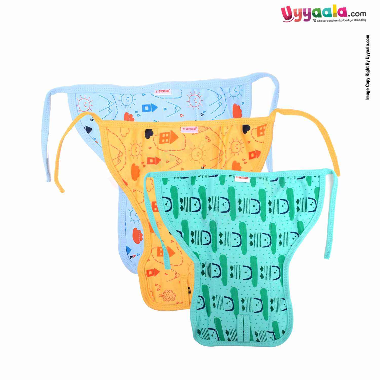 COZYCARE Washable Diapers Hosiery Tying Model House Print Blue, Yellow & Penguin Print Green 3P Set (XS)