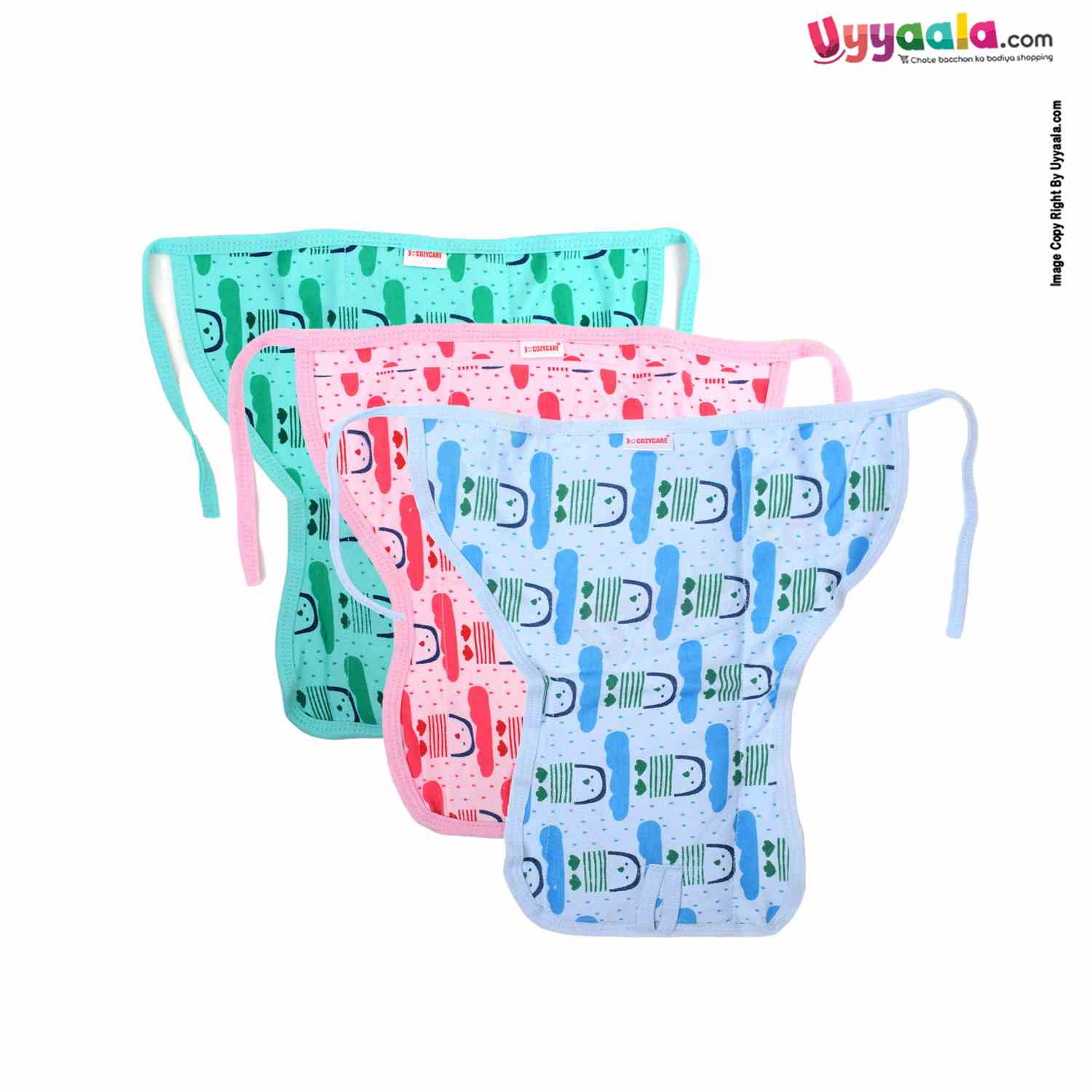COZYCARE Washable Diapers Hosiery Tying Model Penguin Print Green, Pink & Blue 3P Set (S)