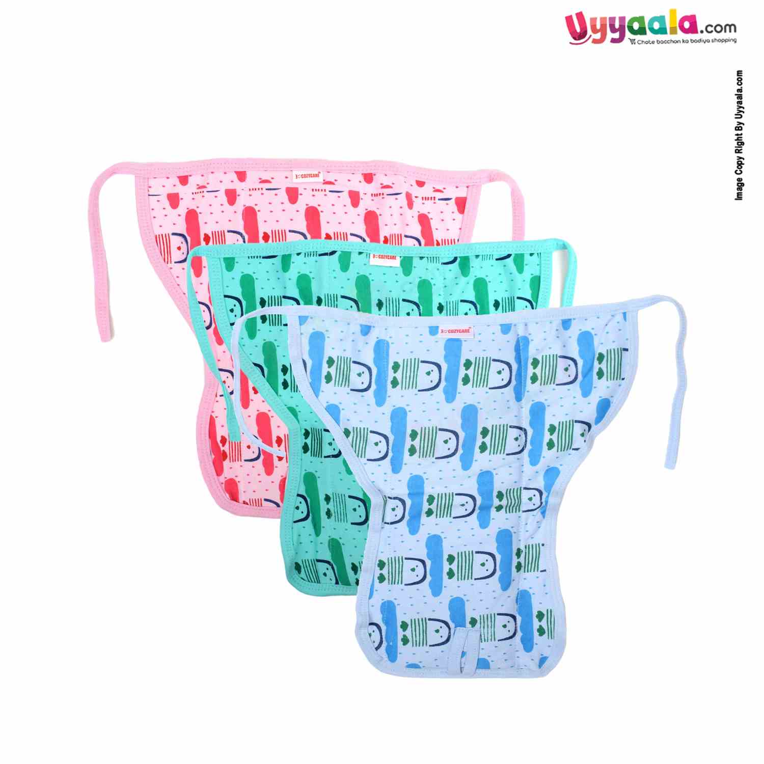 COZYCARE Washable Diapers Hosiery Tying Model Penguin Print Pink, Green & Blue 3P Set (XS)
