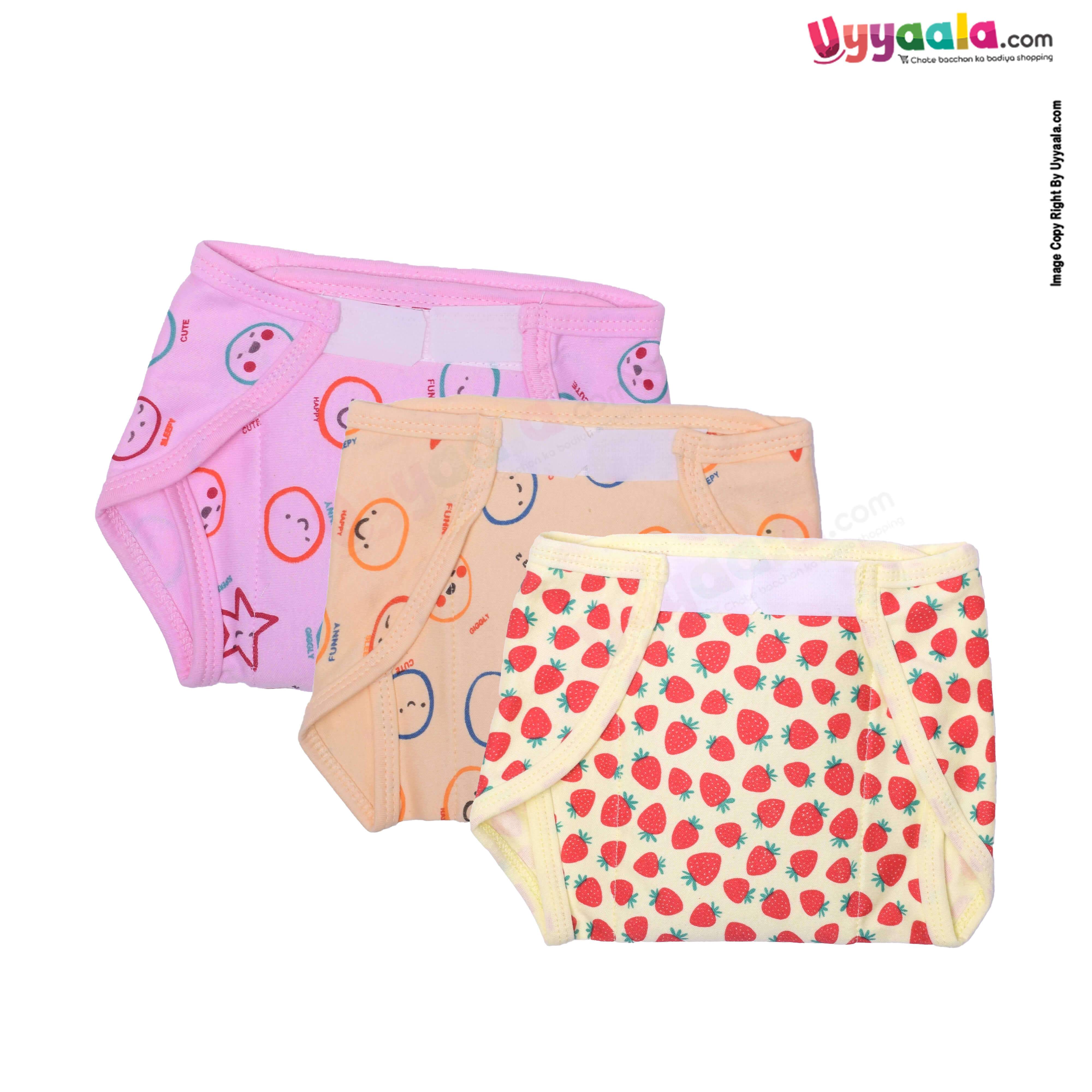 COZYCARE Washable Diapers Hosiery Velcro Emoji Print Pink, Orange & Strawberry Print Yellow 3P Set (M)