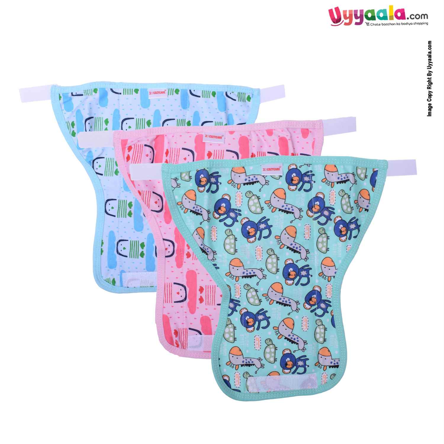 COZYCARE Washable Diapers Hosiery Velcro Penguin Print Blue, Pink & Animal Print Green 3P Set (SS)