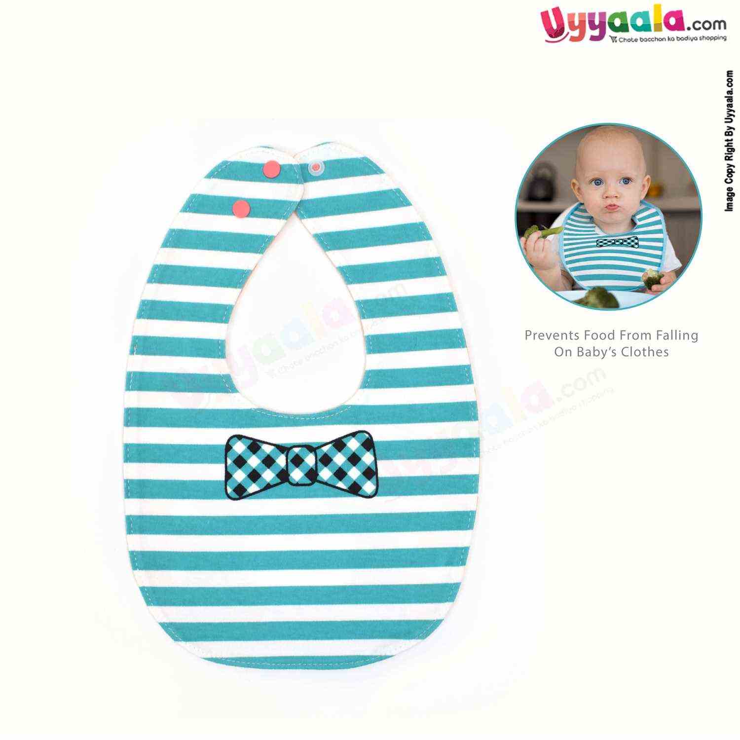 Baby Bib Soft Hosiery Cotton 2 in 1 Usable with Stripes & White Dots Print for Newborn, Size (29.5*20cm) - Light Green & Orange