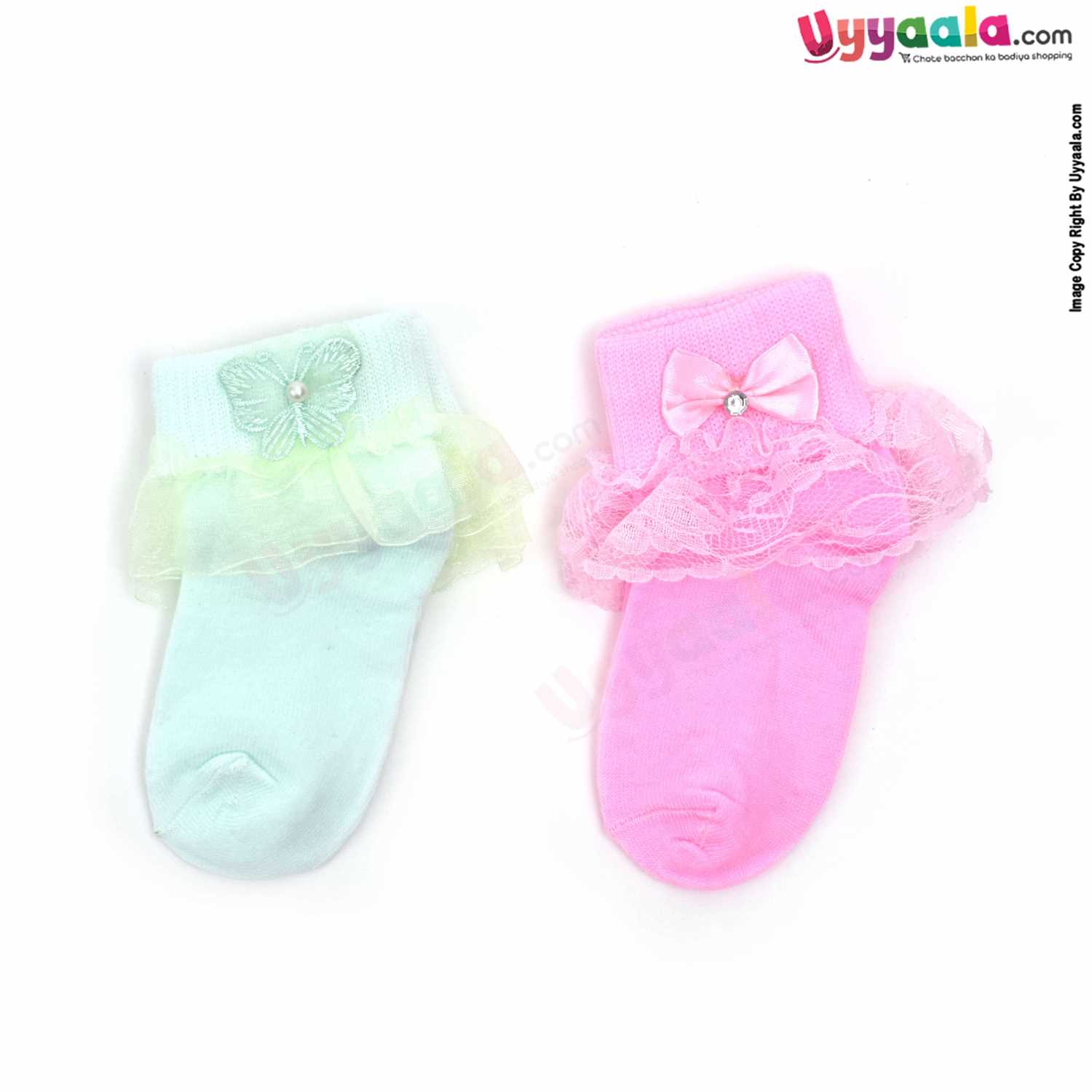 Hosiery Cotton Socks for Baby Girl Pack of 2, 6-18m Age - Pink & Light Green