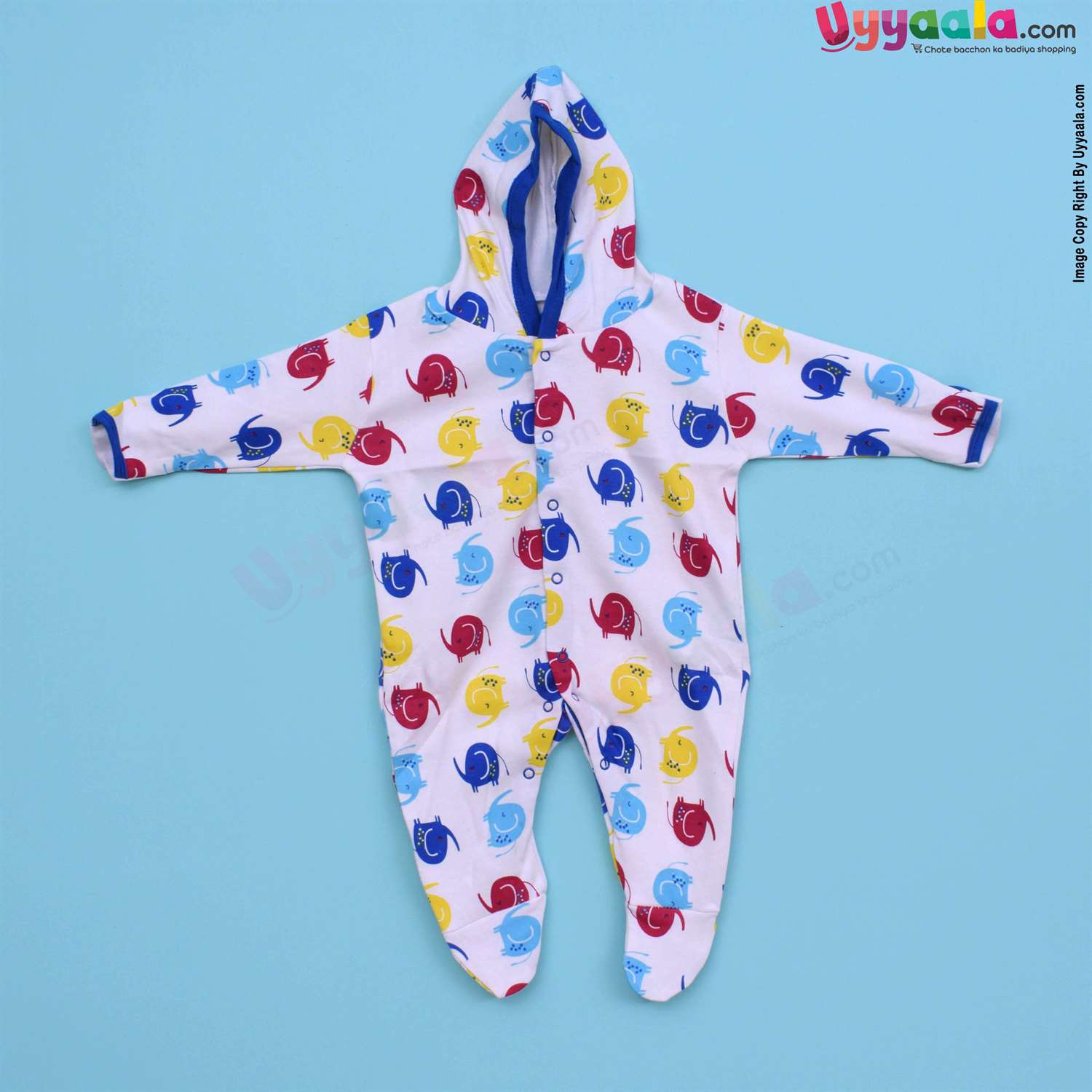 MAGIC TOWN Hooded Sleep Suits Hosiery Blue, Red & White Stripes & Elephant Print White 2P Pack, 3-6m Age