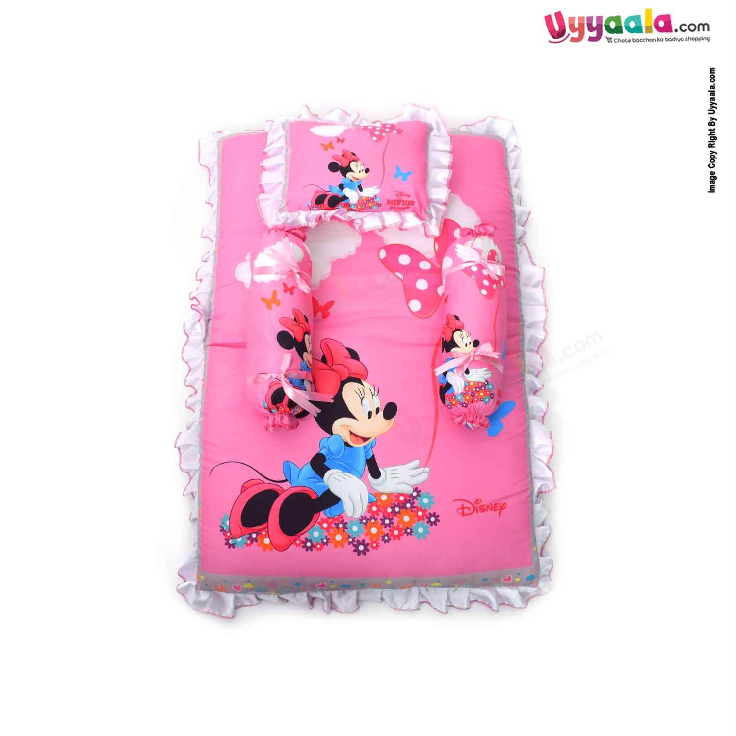 DISNEY Baby Cotton Bedding Set With 2 Bolsters & Pillow - Minnie Mouse Print, Pink, 0+m