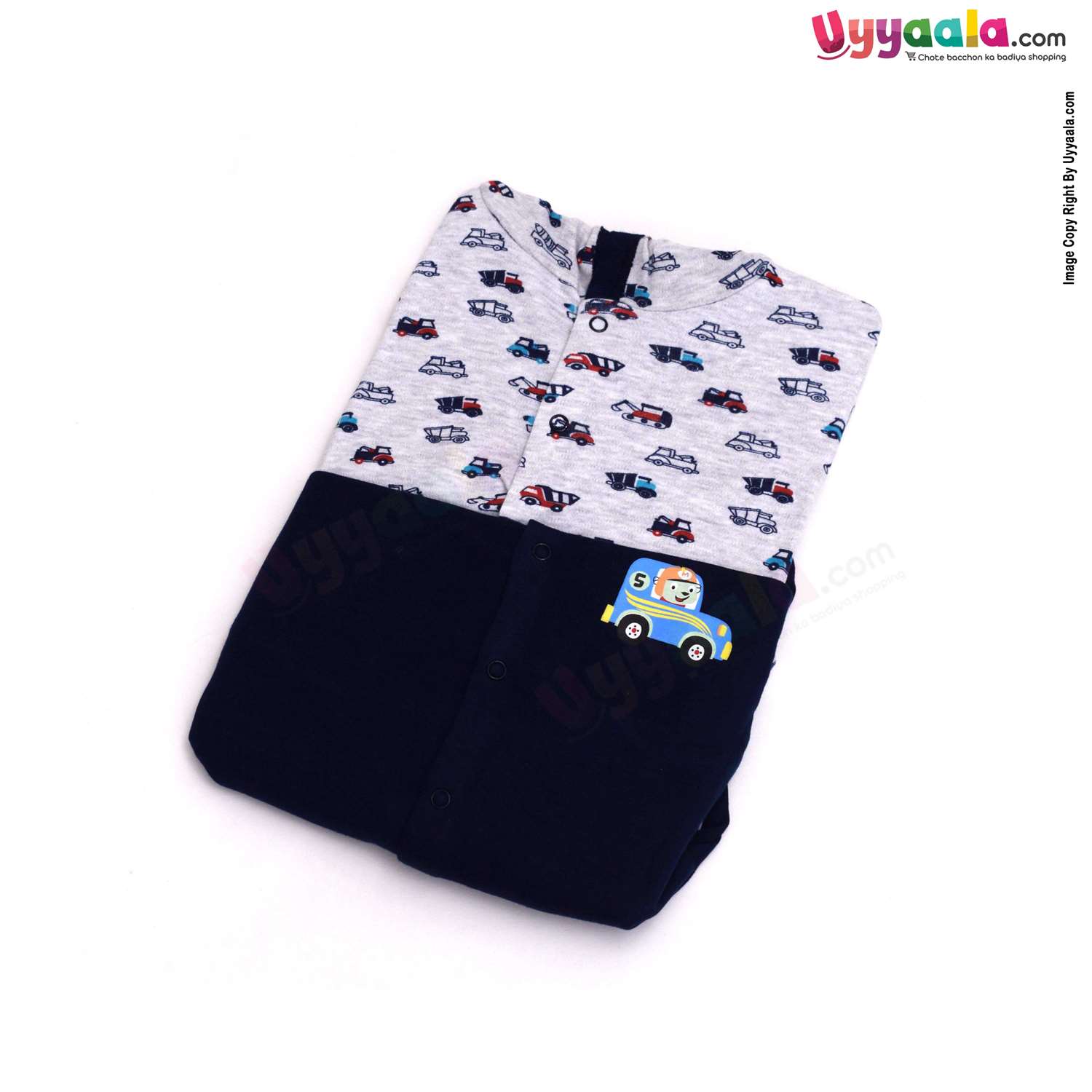 MAGIC TOWN Hooded Sleep Suits Hosiery, Car Printed Grey & Plain Blue 2P Pack, 0-3m Age