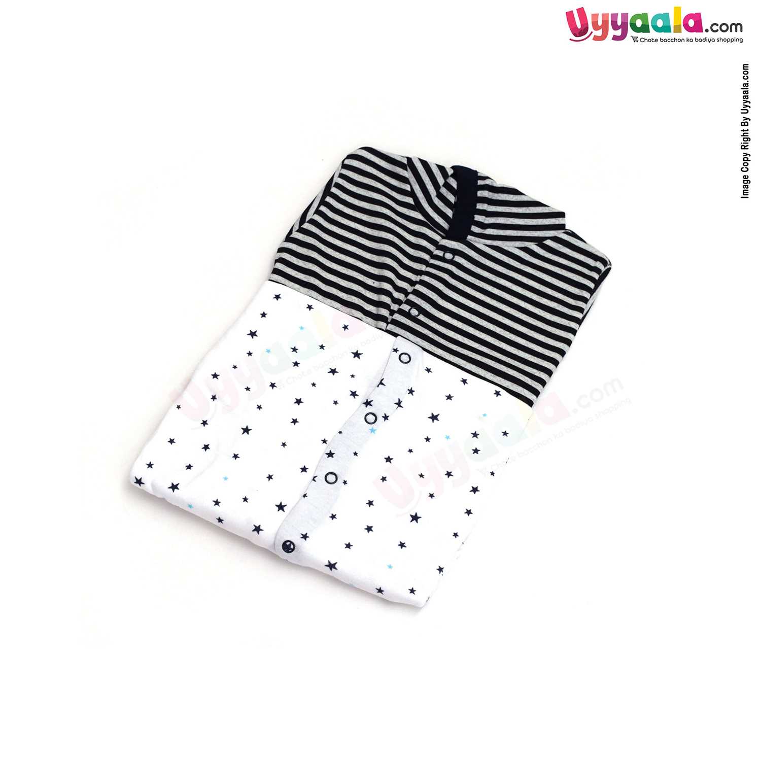 MAGIC TOWN Hooded Sleep Suits For Newborn Babies, 2Pcs - Stripes & Star Print, Black & Grey