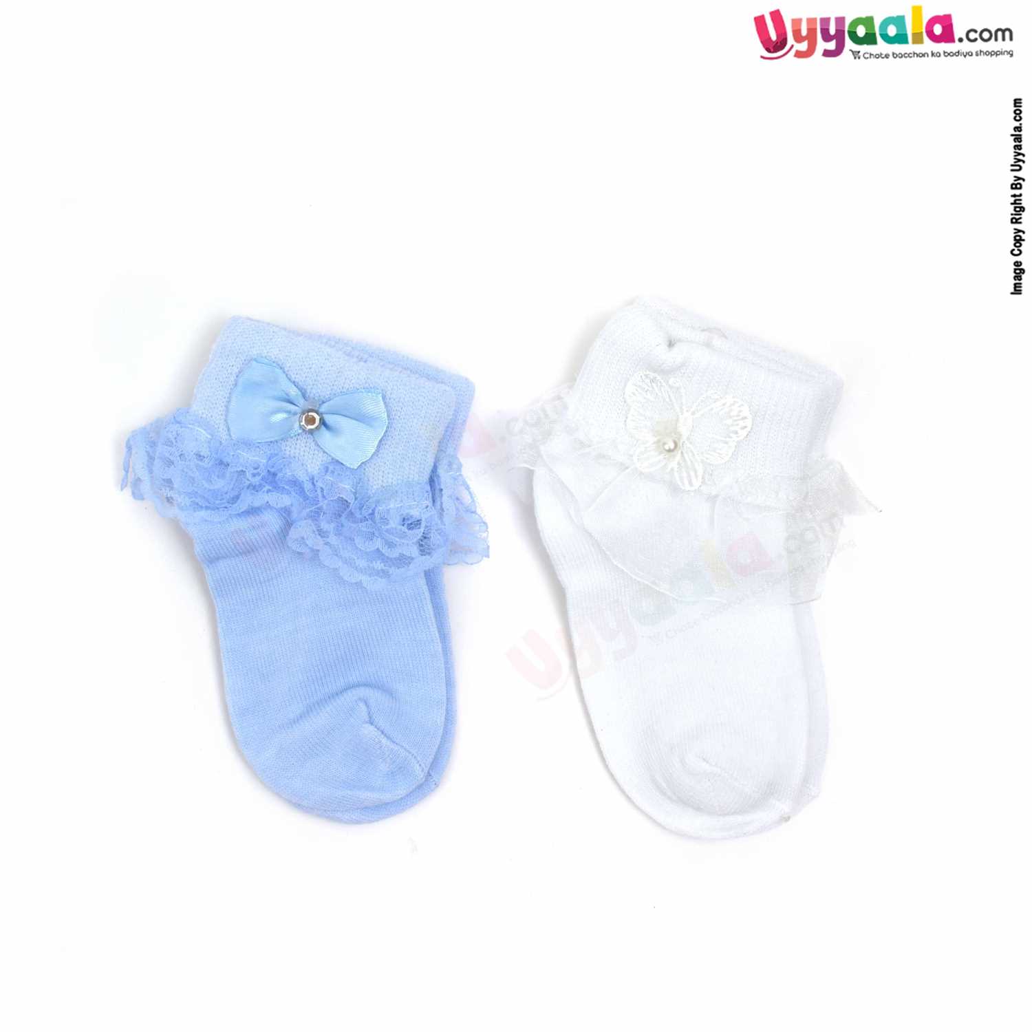 Hosiery Cotton Socks for Baby Girl Pack of 2, 6-18m Age - White & Blue