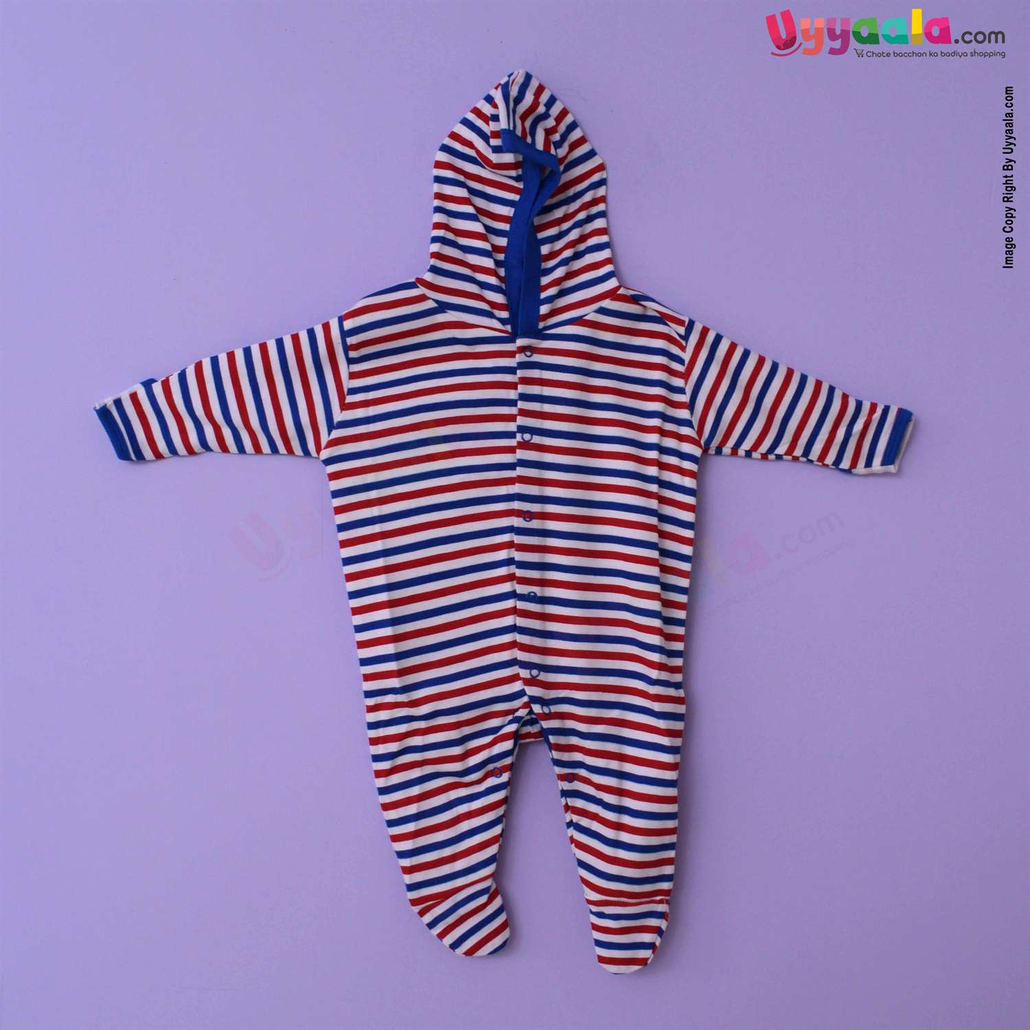 MAGIC TOWN Hooded Sleep Suits Hosiery Blue, Red & White Stripes & Elephant Print White 2P Pack, 3-6m Age