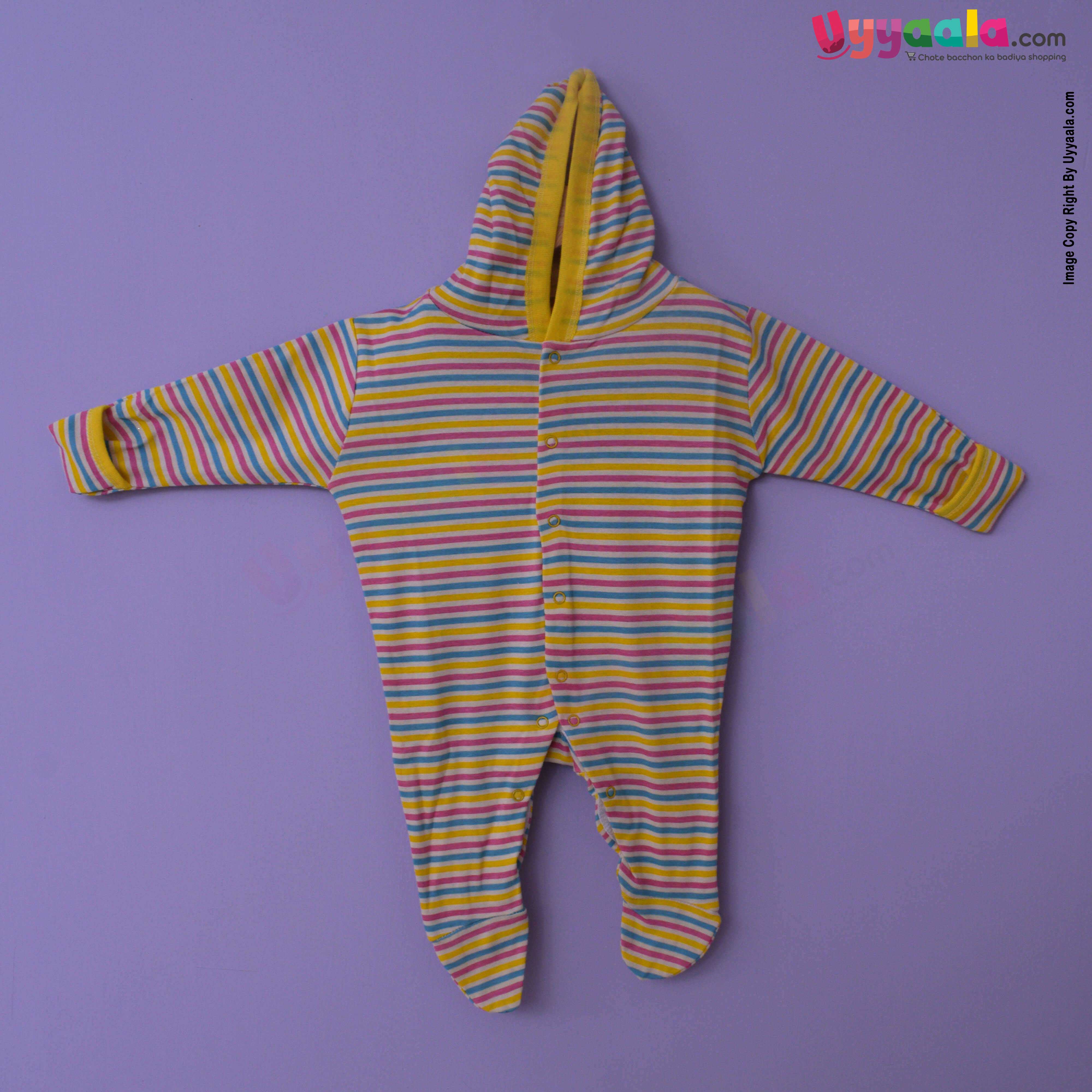 MAGIC TOWN Hooded Sleep Suits Hosiery Blue, Red & White Stripes & Elephant Print White 2P Pack, 3-6m Age