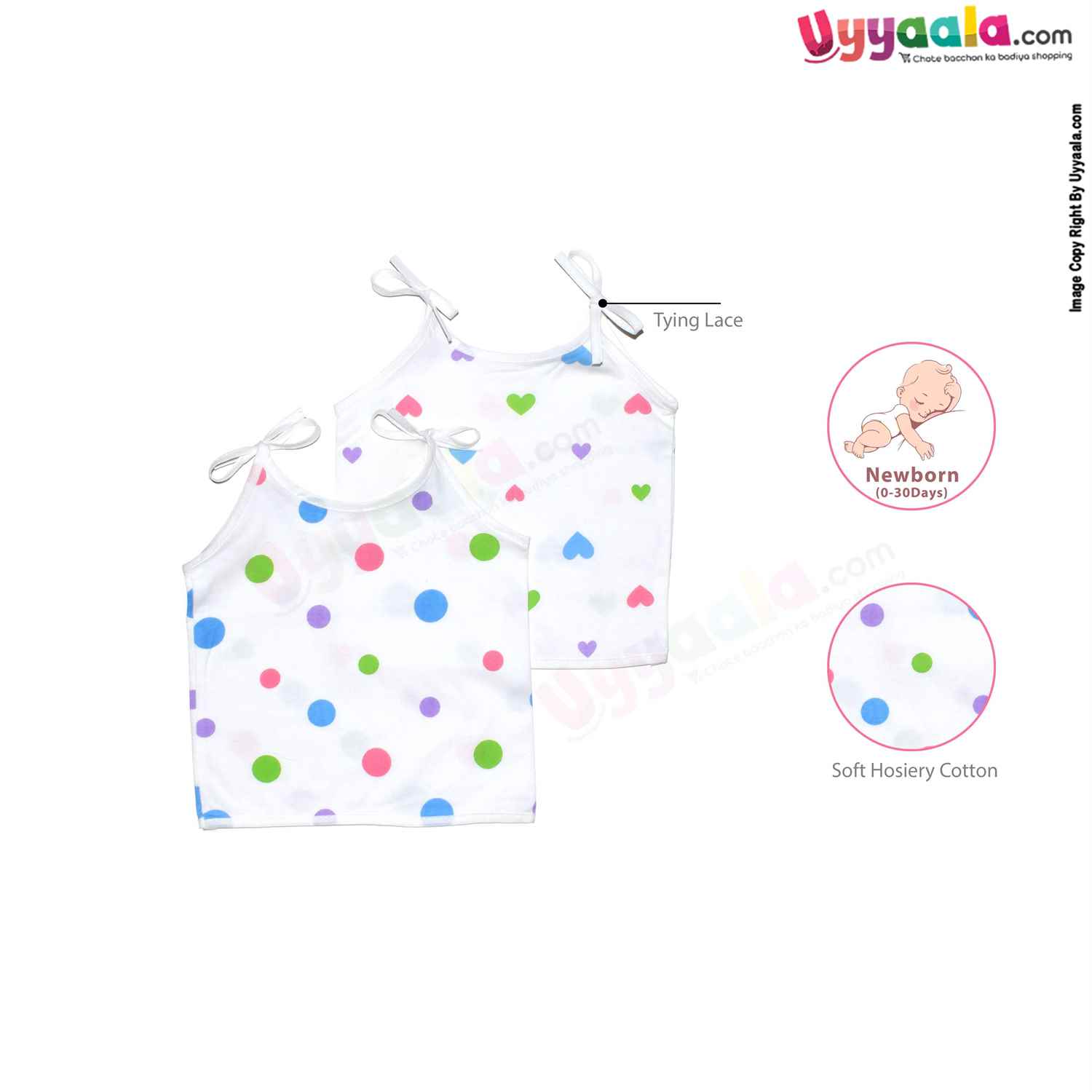 SNUG UP Sleeveless Baby Jabla Set, Top Opening Tie knot Lace Model, Premium Quality Cotton Baby Wear, Hearts & Dots Print, (0-30 Days), 2Pack - White