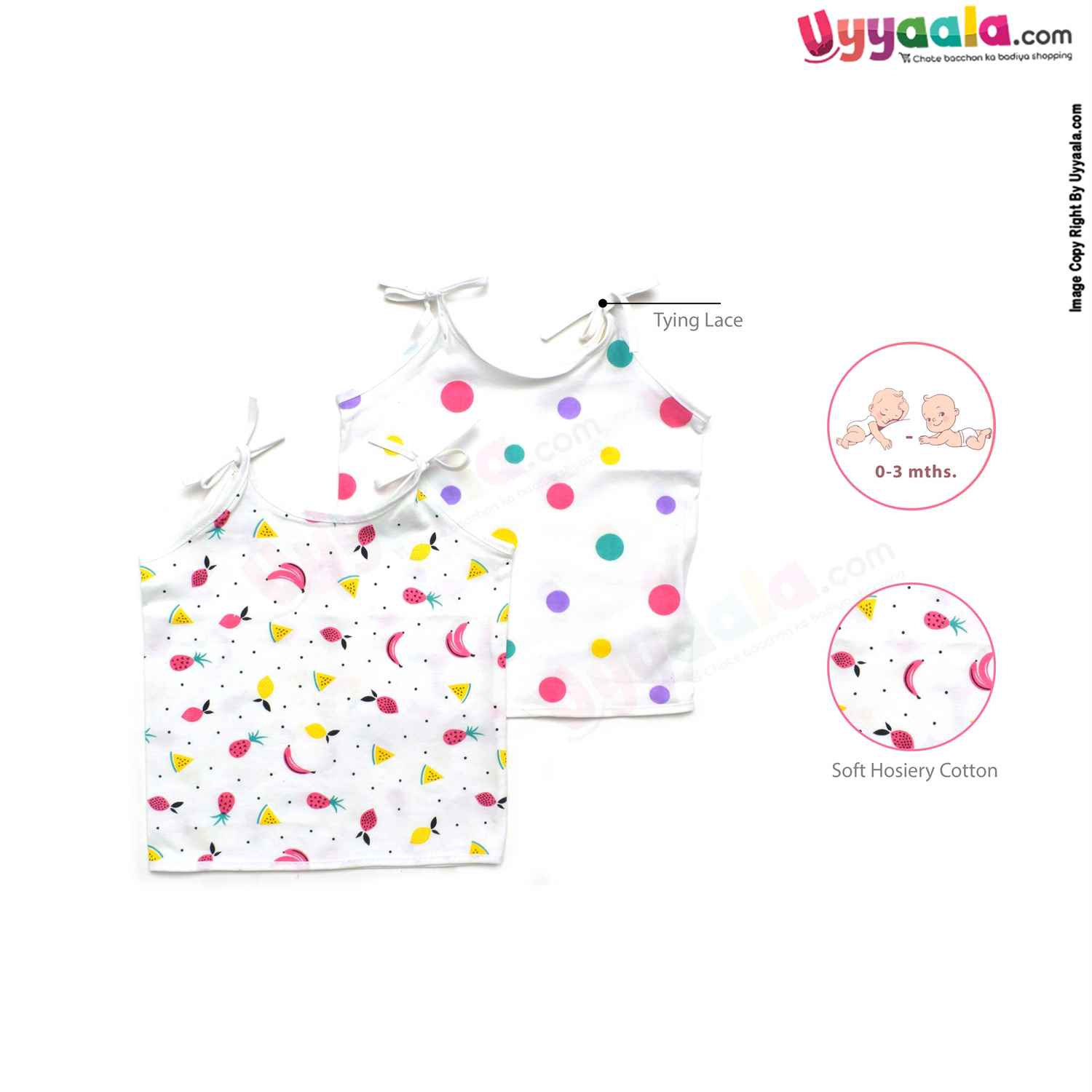 SNUG UP Sleeveless Baby Jabla Set, Top Opening Tie knot Lace Model, Premium Quality Cotton Baby Wear, Fruits & Dots Print, (0-3M), 2Pack - White
